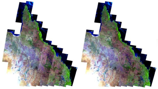 Sensor reflectance of Landsat imagery before bi-directional correction (left). Sensor reflectance after correction to nadir view and 45 degree sun elevation (right).