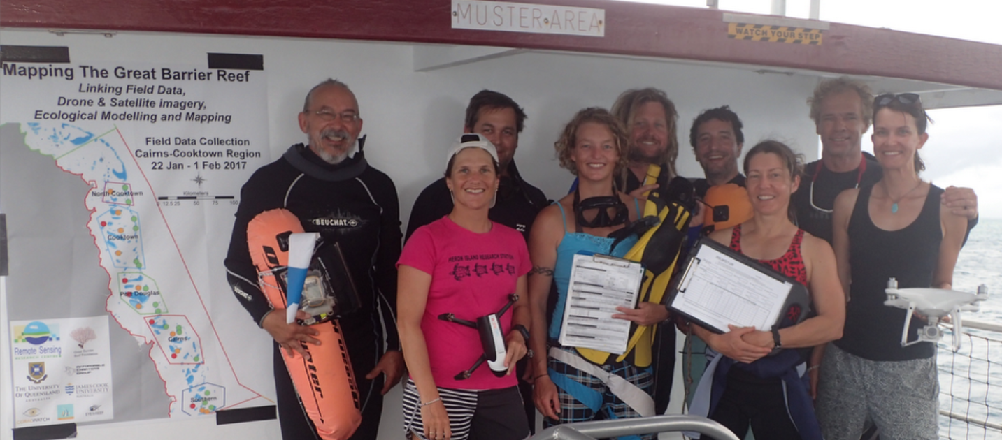 Left to right: Douglas Stetner (UQ, Reef Check), Karen Joyce (JCU), Josh Passenger (Reef Check), Monique Grol (UQ, CoralWatch), Peran Bray (UQ, Reef Check), Stefano Frequia (UQ, Reef Check), Eva Kovacs (RSRC), Chris Roelfsema (RSRC), and Stetphanie Duce (JCU).