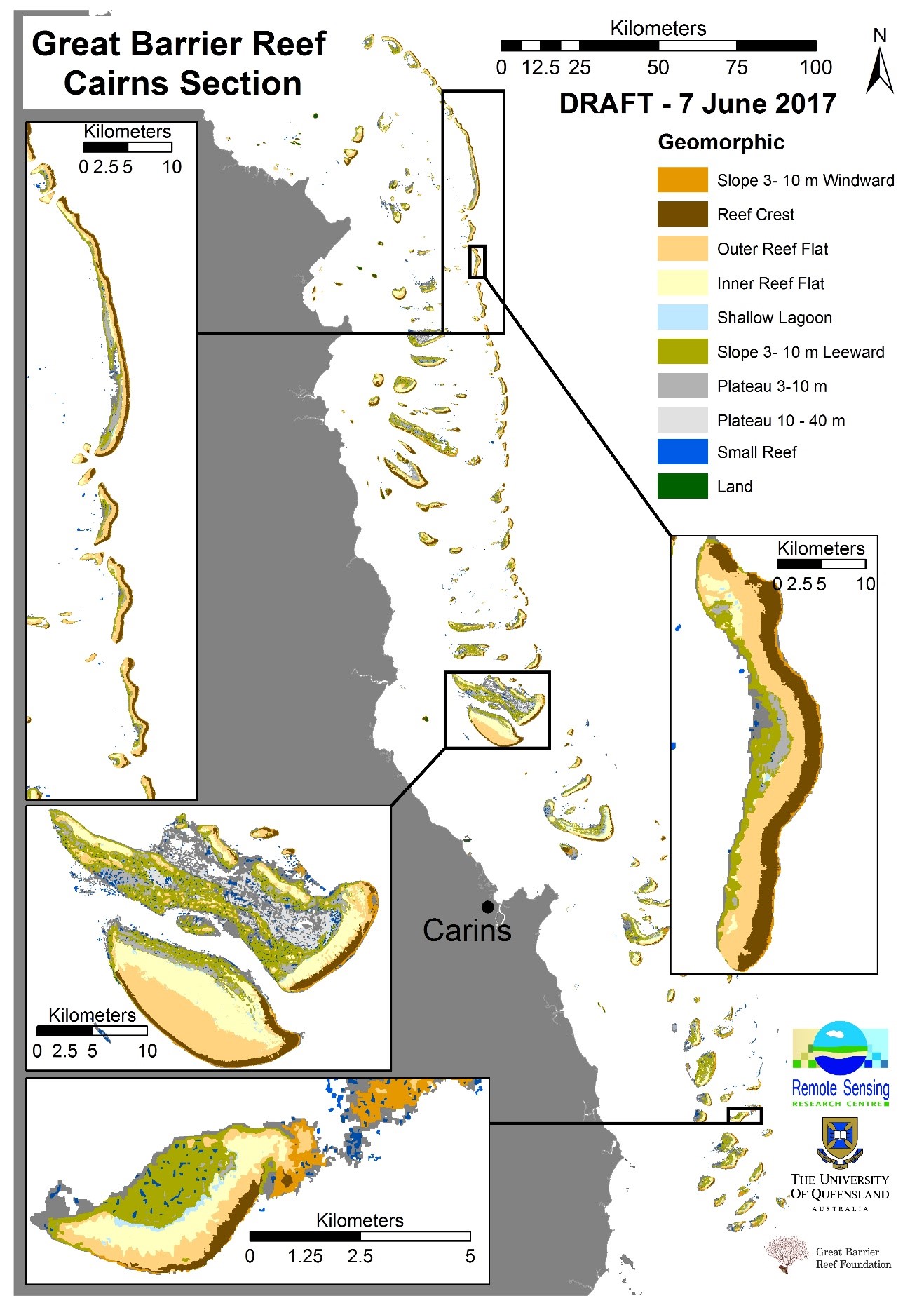 Draft of the geomorphic zonation mapped of 200 reefs, using remote sensing imagery, object based image analysis, field knowledge and geo-ecological based rule sets.