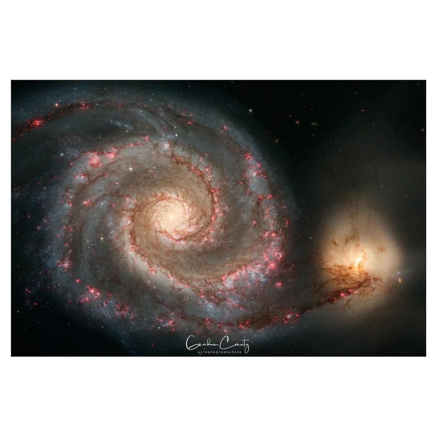 The Whirlpool Galaxy, also known as Messier 51A, M51A, and NGC 5194, is an interacting grand-design spiral galaxy with a Seyfert 2 active galactic nucleus. It lies in the constellation Canes Venatici, and was the first galaxy to be classified as a sp