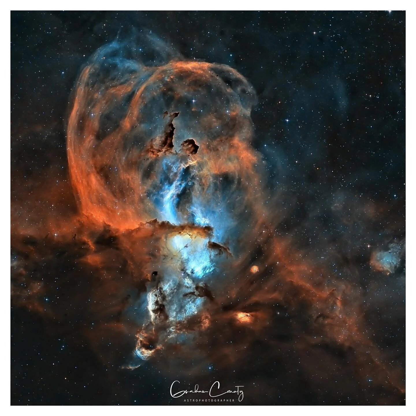 NGC 3576, also known as the Statue Of Liberty Nebula, is a bright emission nebula located in the Sagittarius arm of the Milky Way.
.
It lies at a distance of around 9,800 light-years from Earth and spans more than 100 light-years across making it one