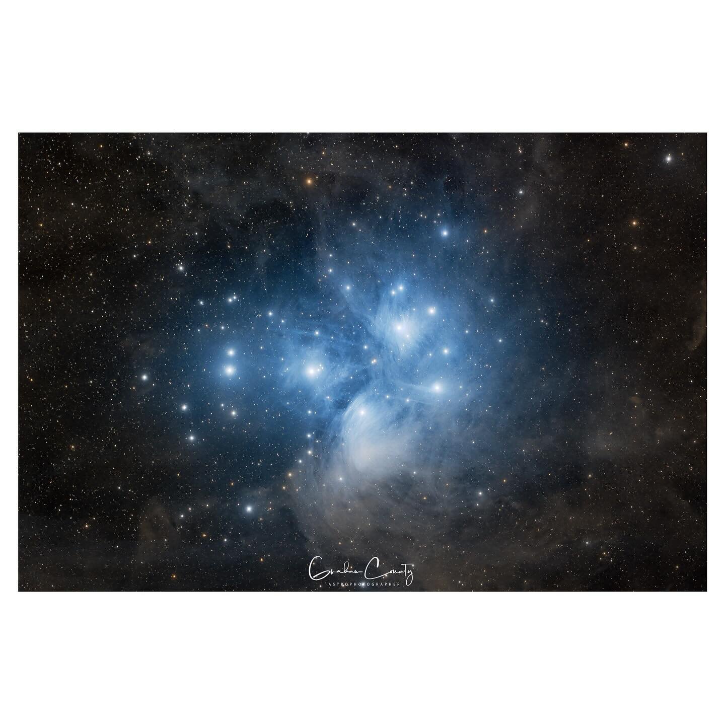 The Pleiades, also known as The Seven Sisters or Messier 45, is an asterism and an open star cluster containing middle-aged, hot B-type stars in the north-west of the constellation Taurus. 
.
In many Australian Aboriginal cultures, the Pleiades are a