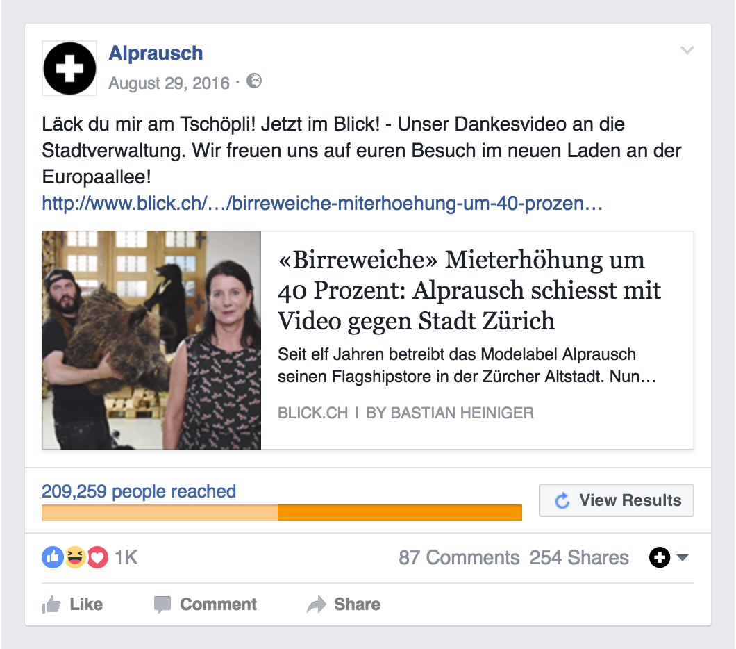 Der Facebook Post zum Blick-Artikel erreichte über 200'000 User!