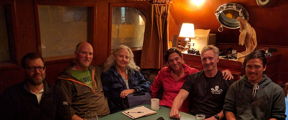 On board the Martin Sheen. Left to right: Paul Esposti, Paul Nicklen, Alexandra Morton, Cristina Mittermeier, Simon Ager, Tamo Campos.