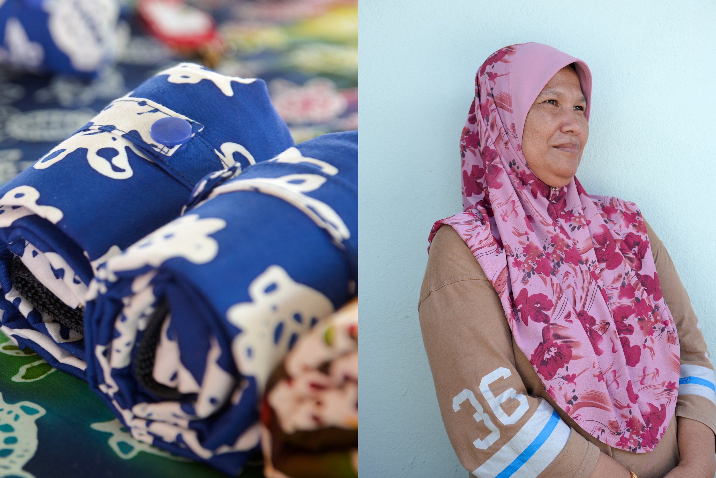 (Right) Azlina Binti Zakaria, a local villager from Kampung Pasir Gajah, is one of the creators of TCS' hand-crafted merchandise. (Left) Items for sale at TCS using batik method of fabric dyeing.