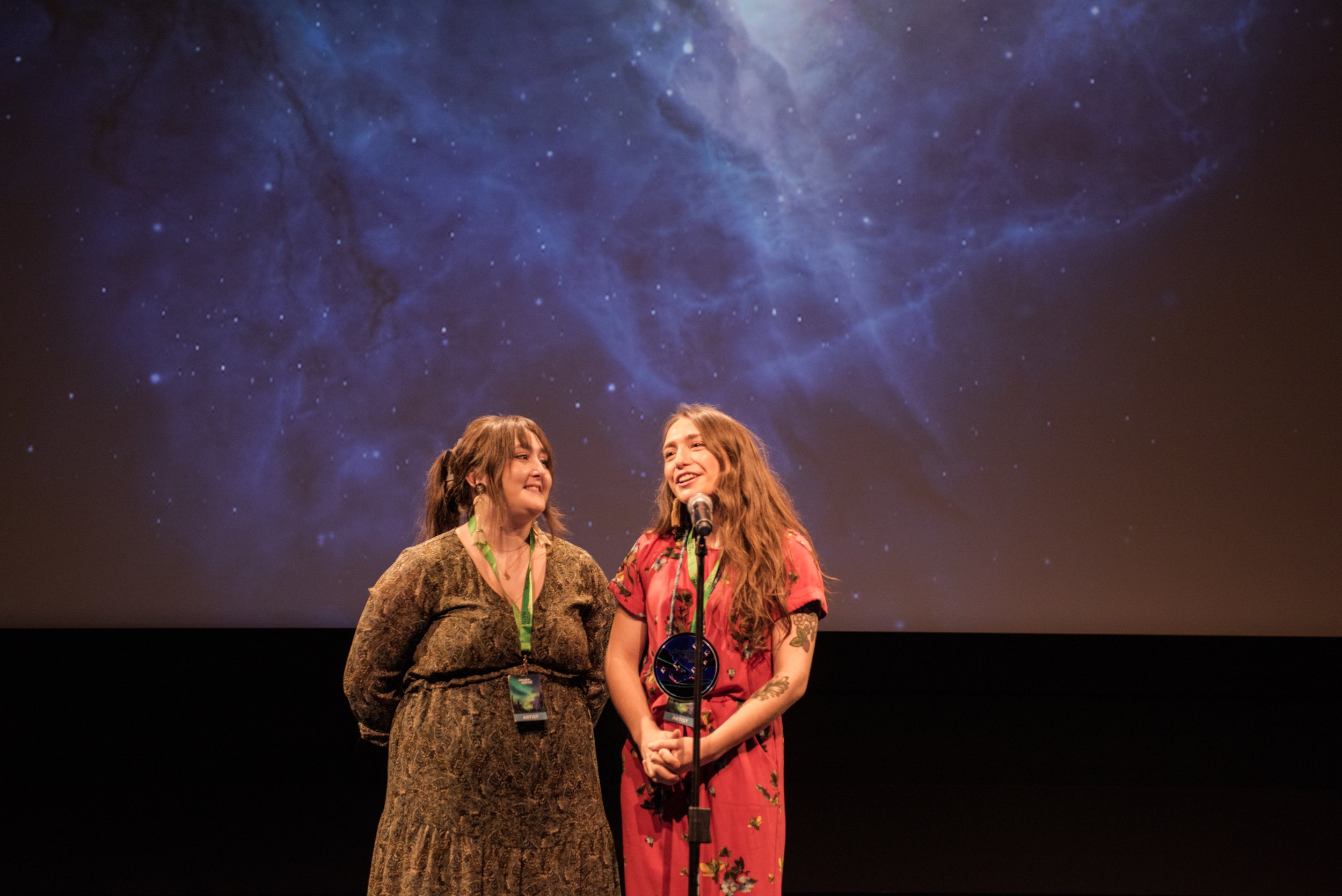 Keara &amp; Caeleigh Lightning accepting the New Artist in Digital + Interactive Award for their game “Mikiwam.” Image by Pengkuei Ben Huang.