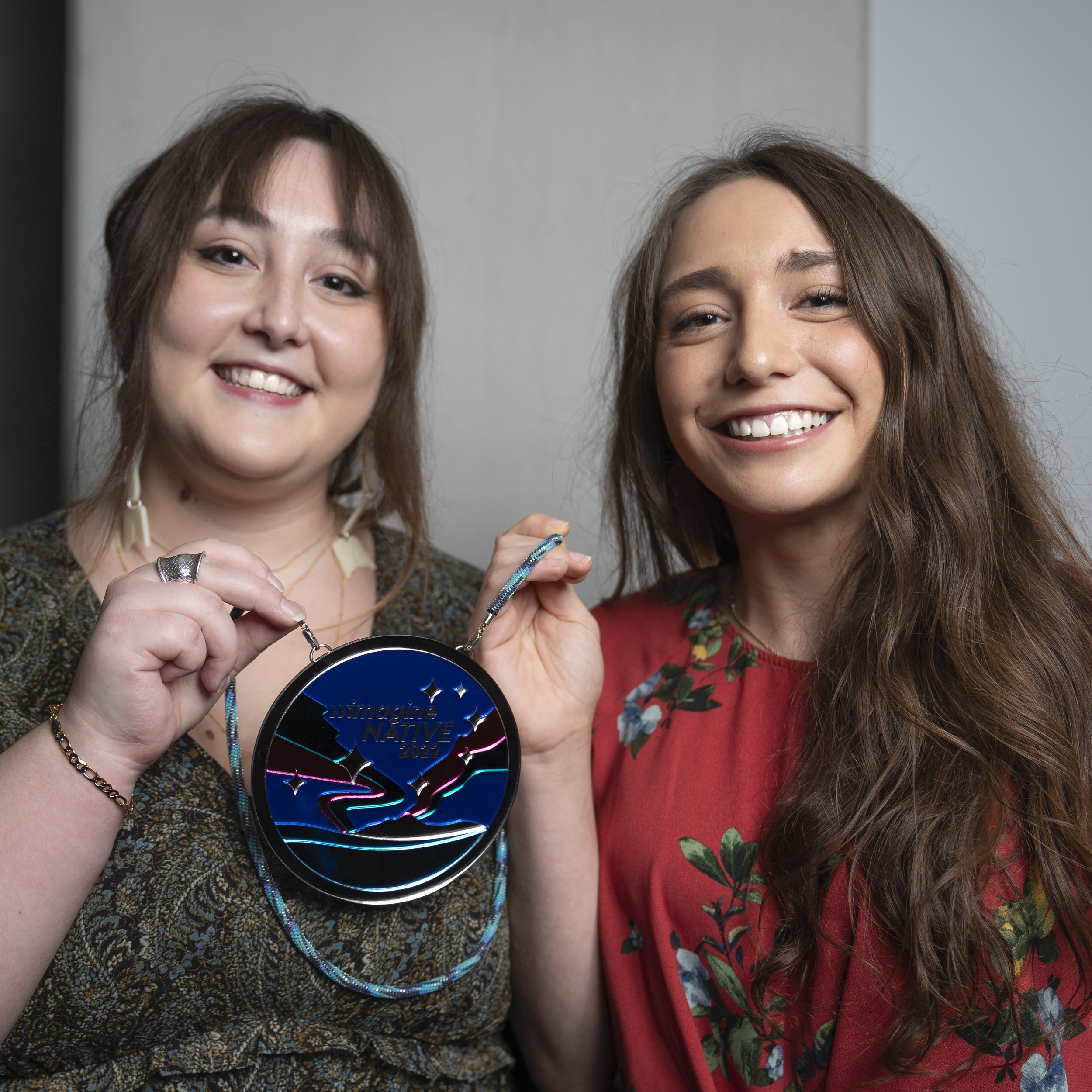 Keara &amp; Caeleigh Lightning, winners of the New Artist in Digital + Interactive Award for their game “Mikiwam.” Image by Danielle Khan Da Silva.