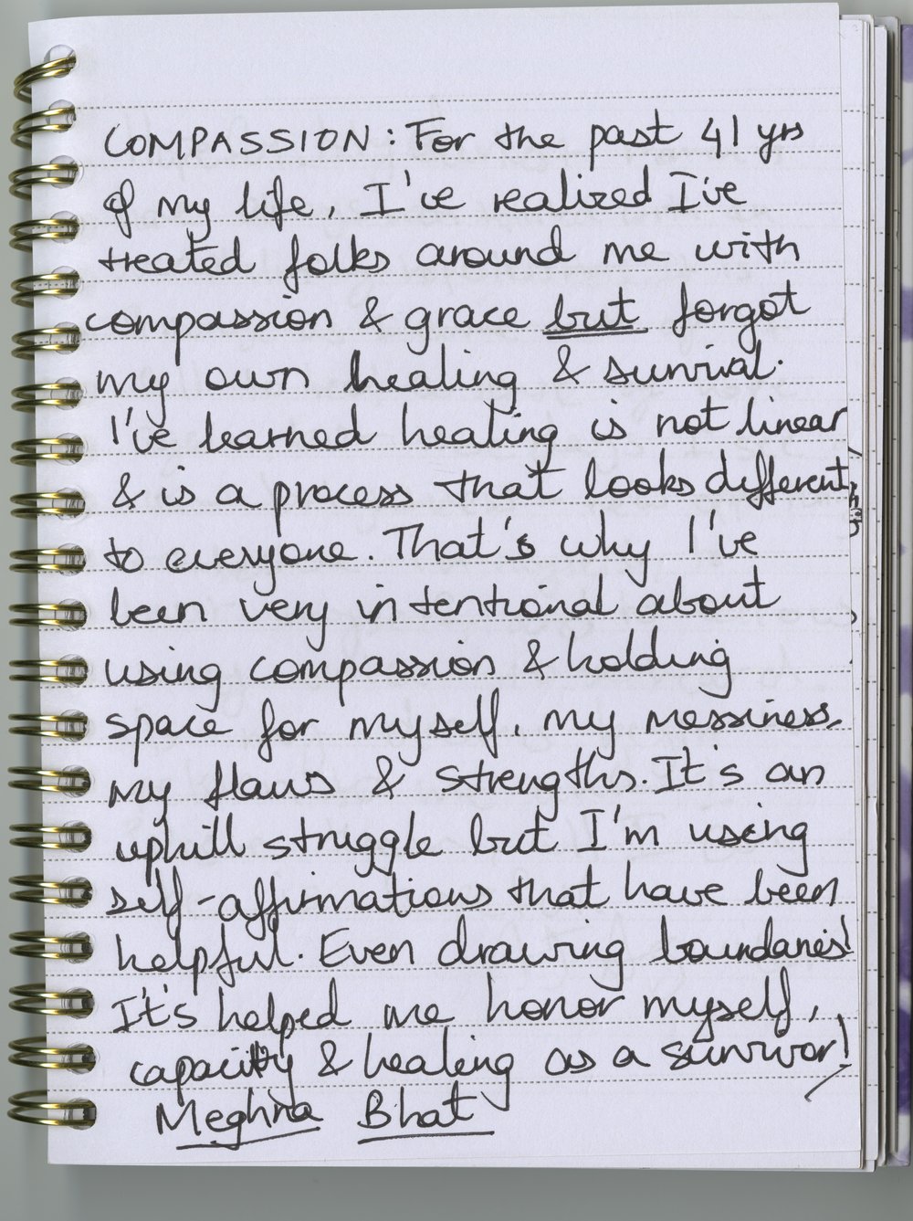 Meghna Bhat's handwritten journal entry.