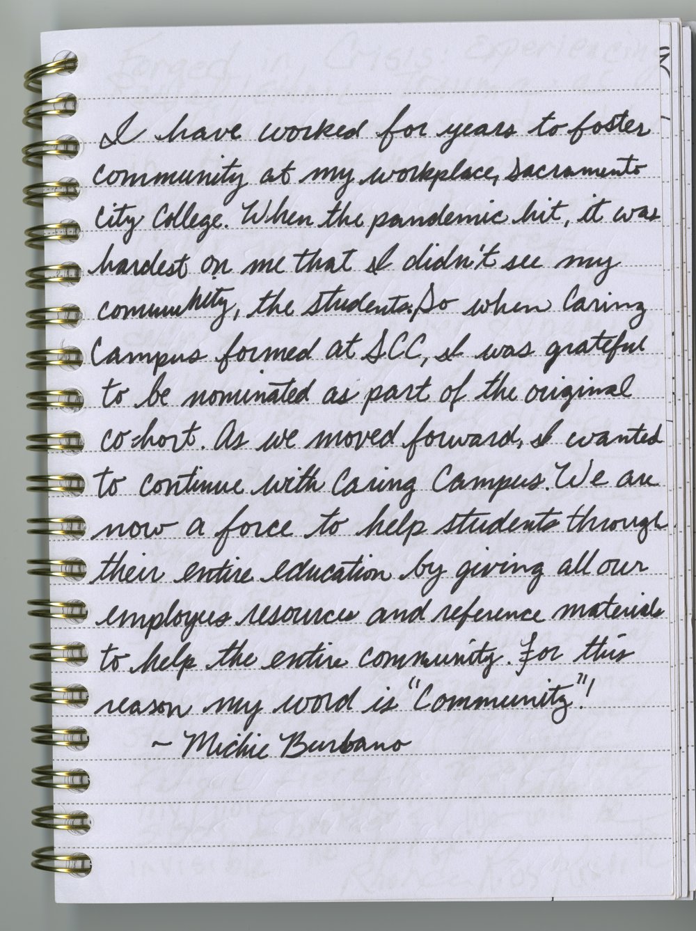 Michie Dawn Kuratomi Burbano's handwritten journal entry.