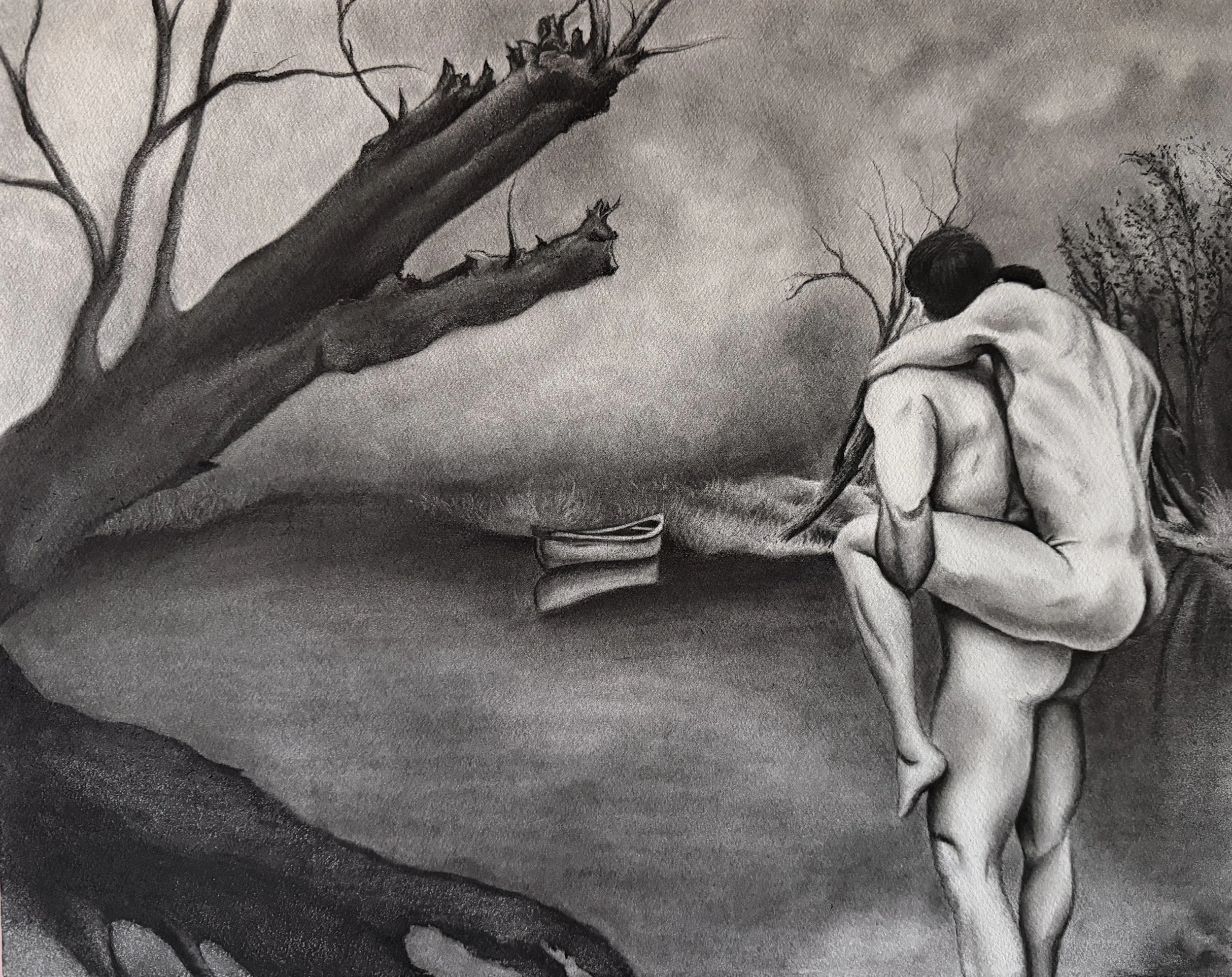   Study (Xochimilco) , 2025, charcoal on paper mounted on panel, 16”×20” 