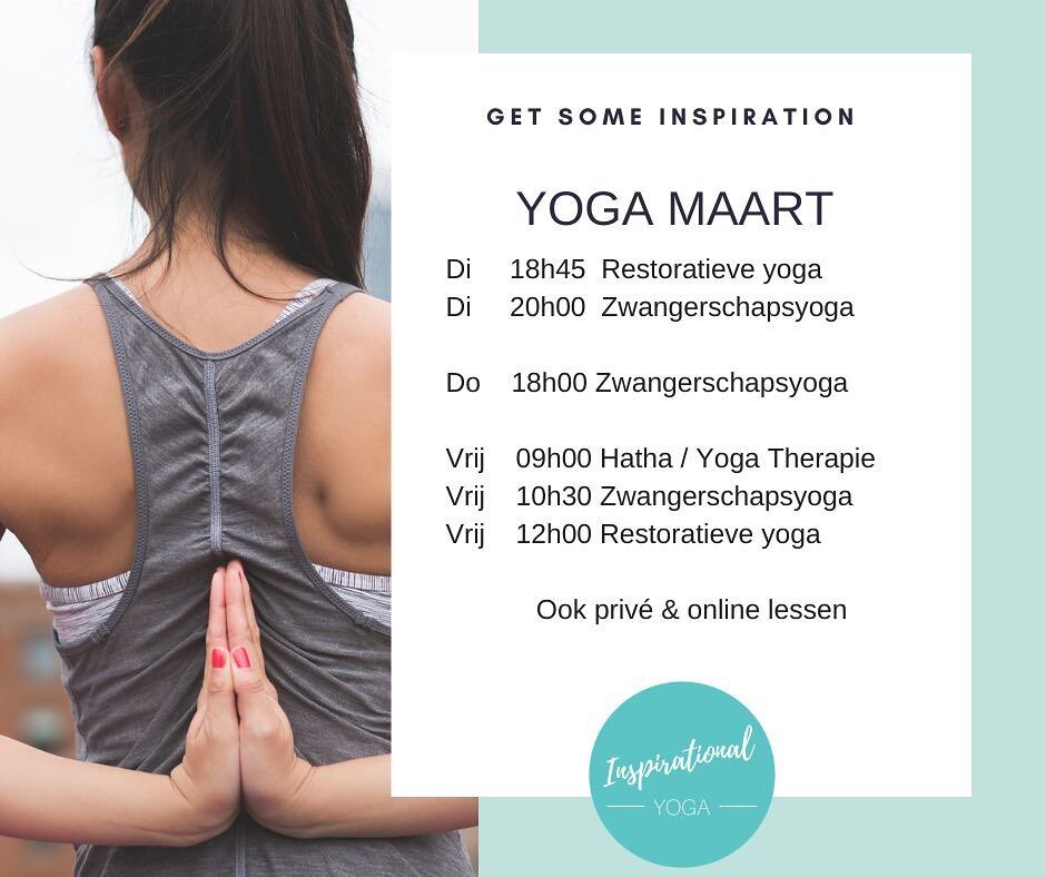 Het programma voor Maart. 

Om te stretchen, te bewegen en te ontspannen.

Op 12 maart een extra lange les #restorativeyoga 

En vanaf 07 maart nieuwe start van het traject yoga bij burn-out en stress. 
#burnout #stressrelief #relax #restore #yoga #a