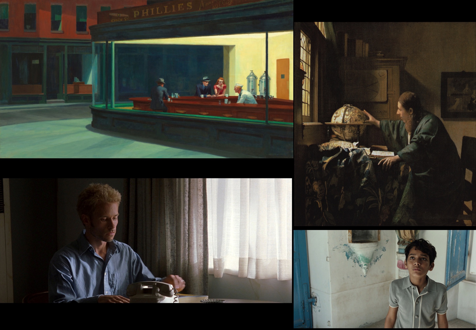 'Nighthawks' (1942), Edward Hopper 'De astronoom' (1668), Johannes Vermeer 'Memento' (2000), d. Christopher Nolan, DP: Wally Pfister, Panavision 35mm CS 1:2.35 'Life of Pi' (2012), d. Ang Lee, DP: Claudio Miranda, Alexa Arriraw, Master 2K