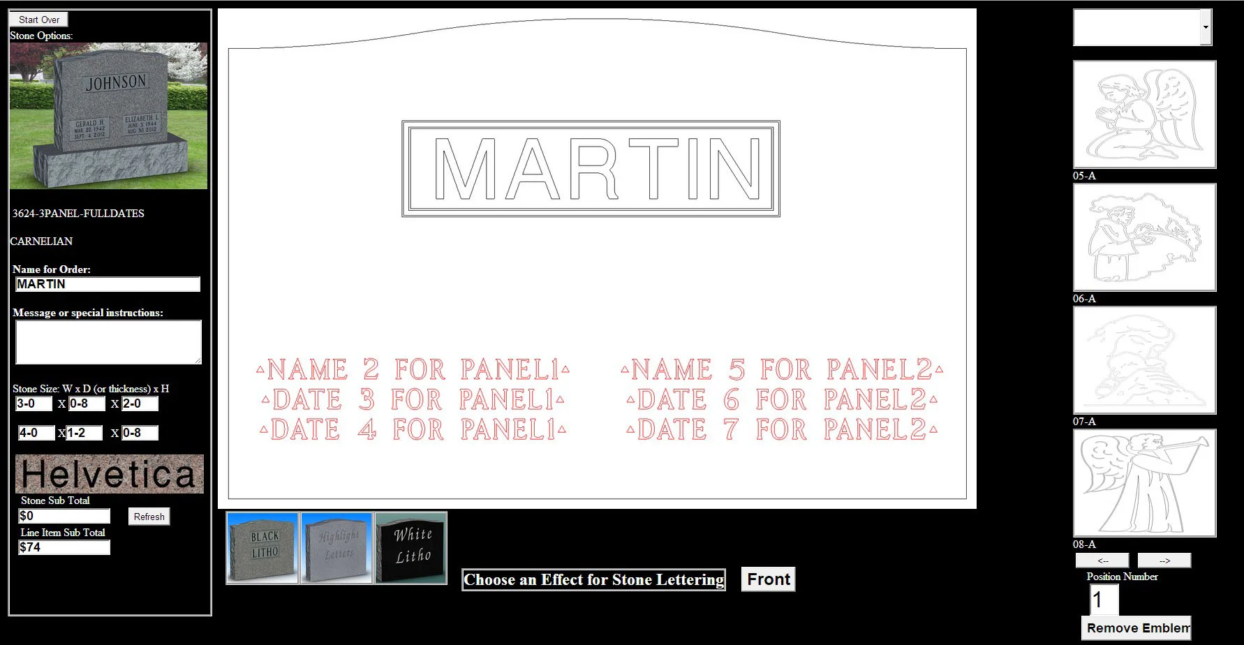 Here you can letter a monument with your customer, select fonts, adjust sizes, even add sandblast emblems.