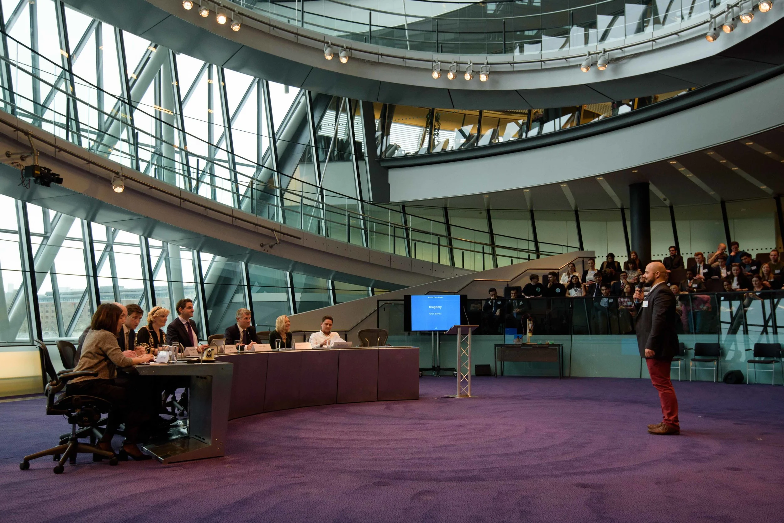 Ehab pitching Biohm at City Hall to some of the UK's most successful entrepreneurs for the Mayor of London's entrepreneur 2017