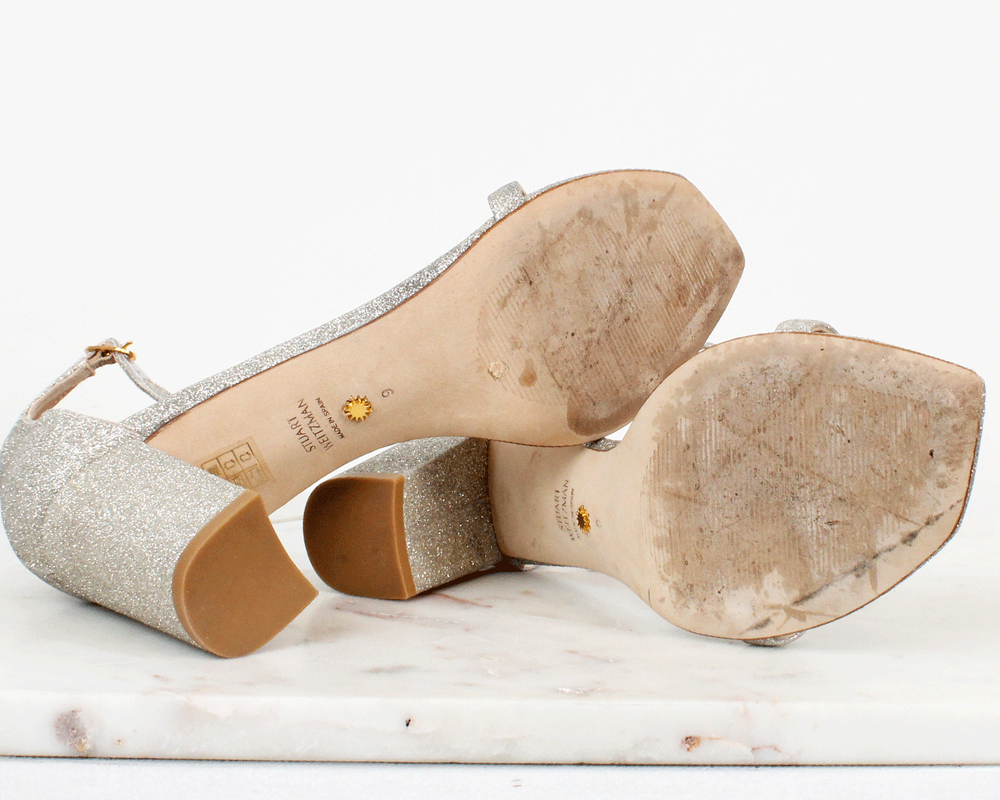 Stuart Weitzman Glitter Nudistcurve 75 Block Sandals — Otra Couture Consignment