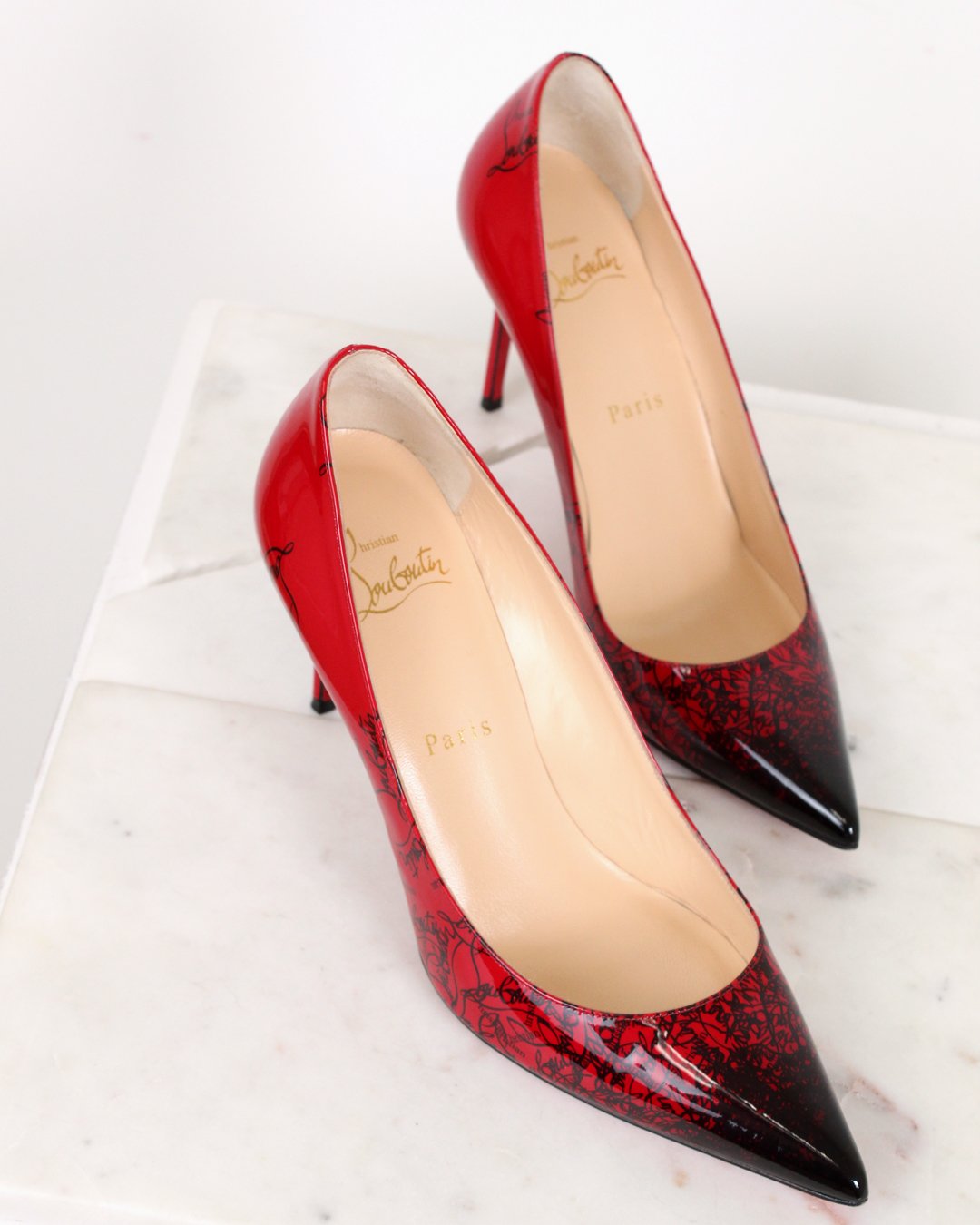 Christian Louboutin US 7.5 Pointed Toe Black red sole high heels