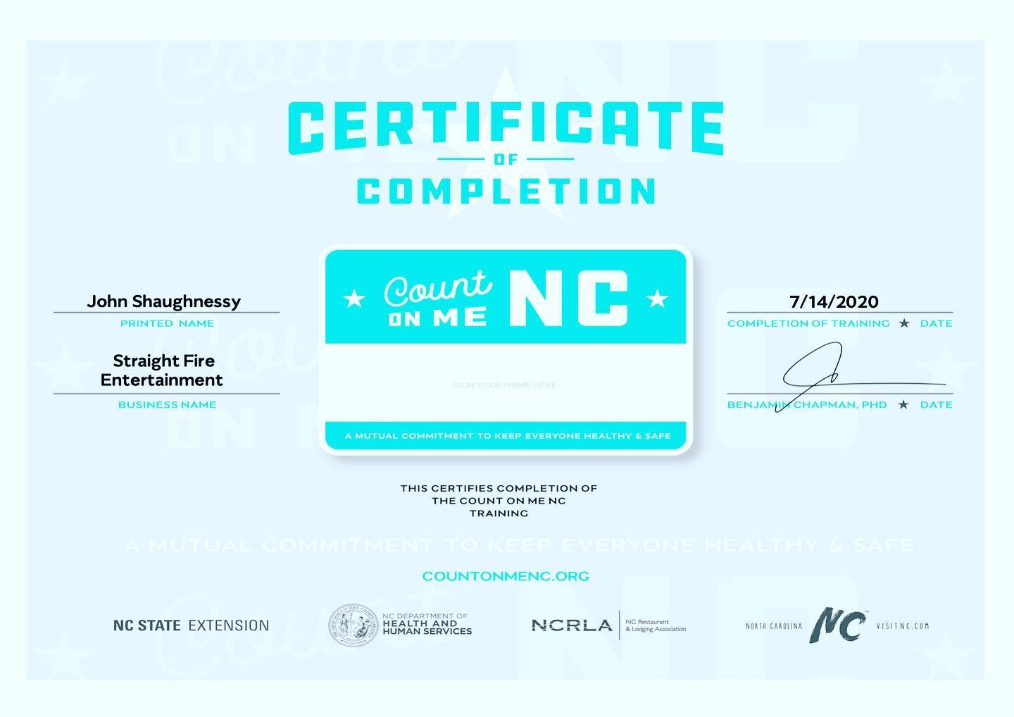 It’s been a minute, but we wanted to share this with you:
We have completed Count On Me NC’s General Best Practices for COVID-19 Management. The program covers best practices for sanitation, hygiene and social distancing.
As we start to