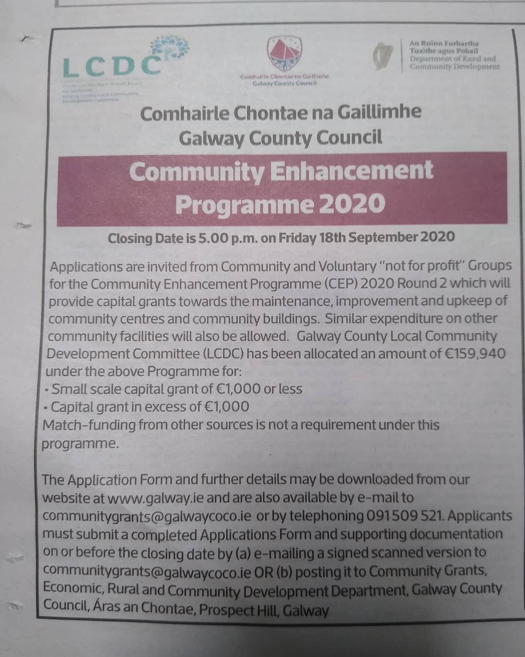 Capital #funding  for #community based groups announced by #galwaycoco