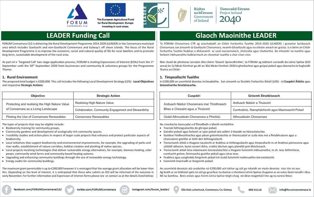 New #LEADERfunding targeted call by #FORUMCONNEMARA targeting the #environment and #renewableenergy