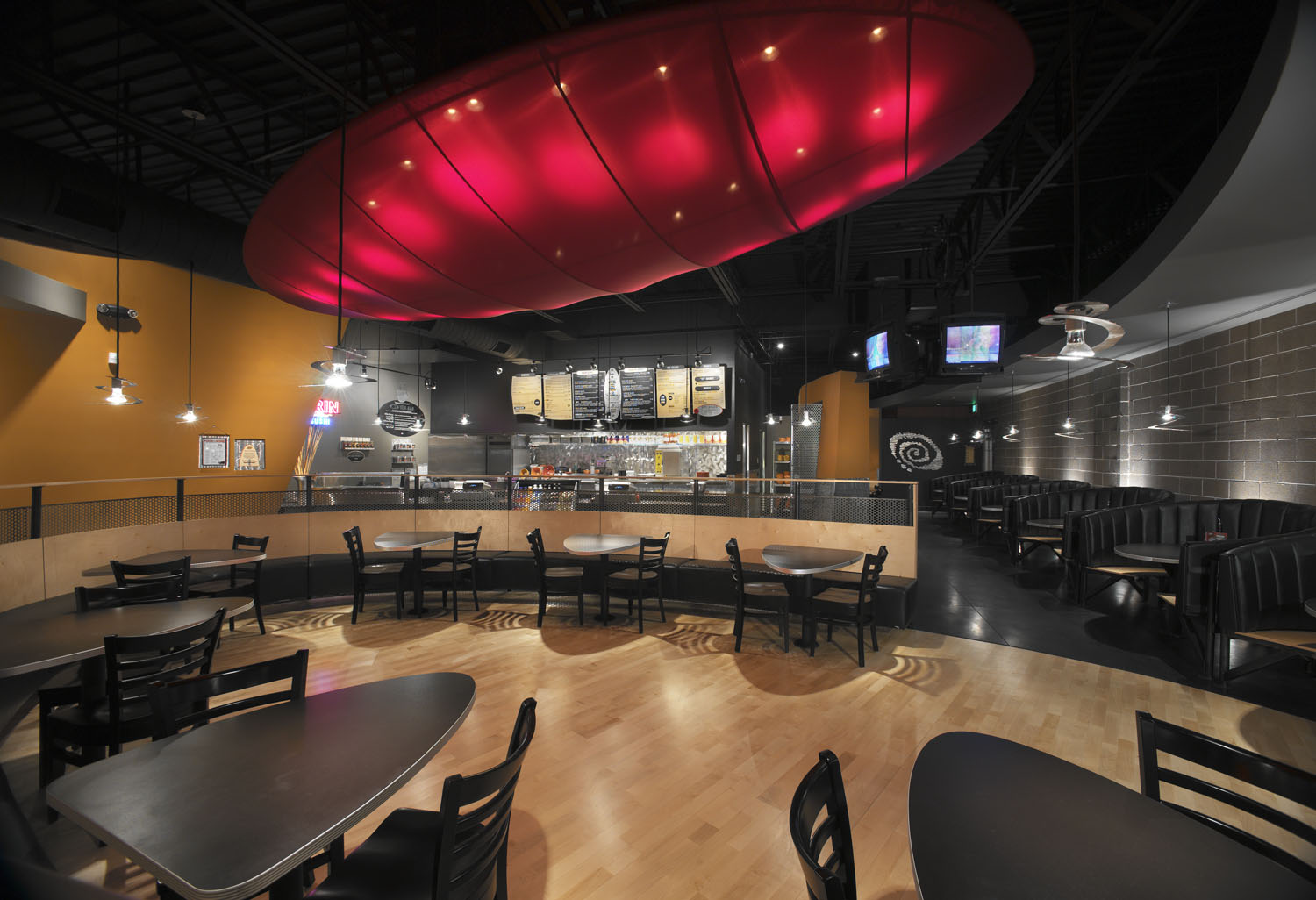 Kinetic shapes and forms further reinforce the notion of movement and innovation giving each space an identity and energy appropriate to fast casual dining.
