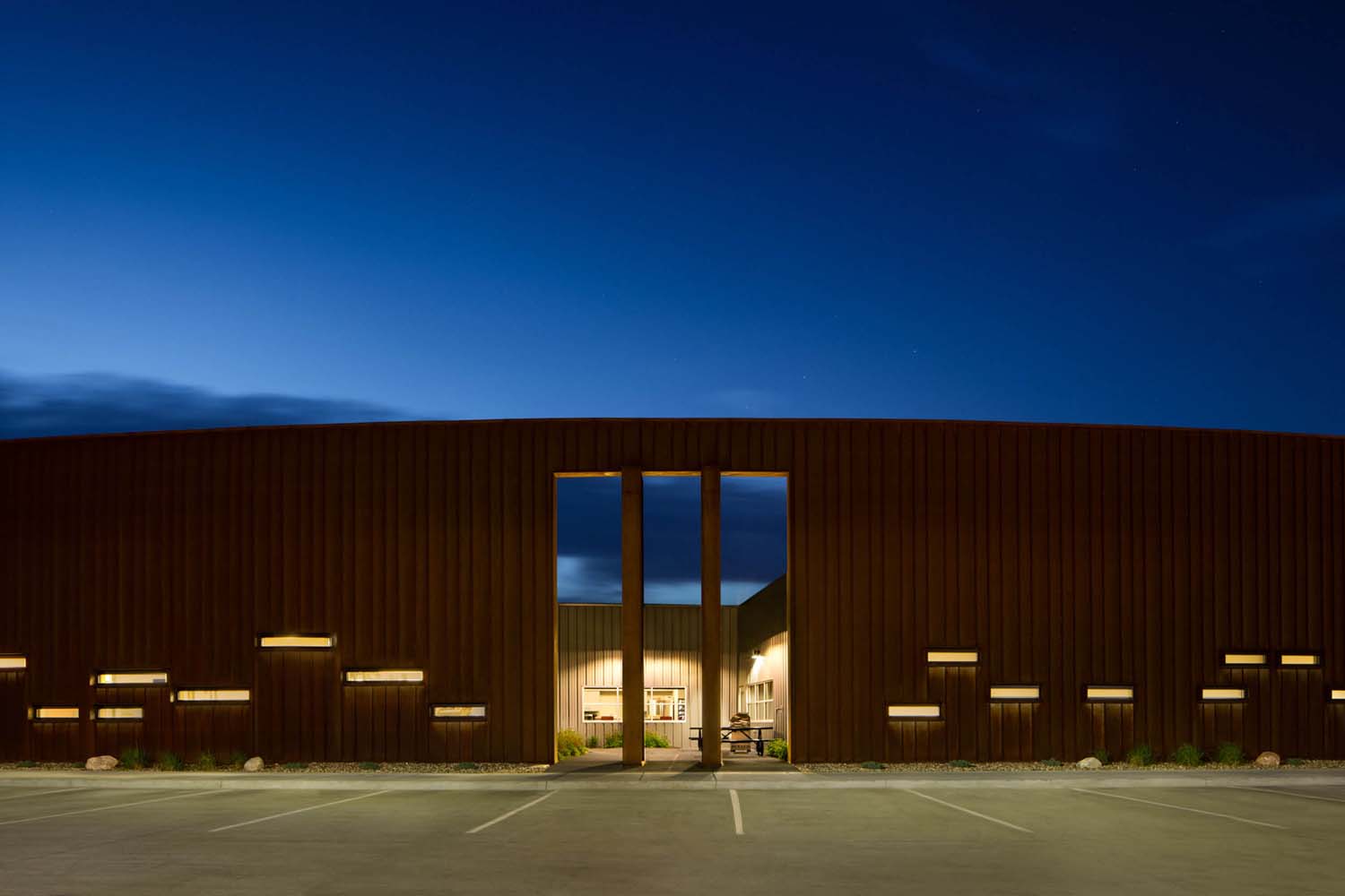 Slit windows are placed at various heights, (clerestory, standing and sitting), depending on each use within.