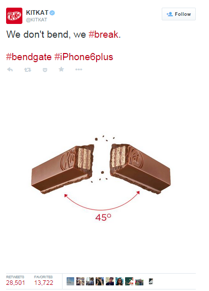 Remember when iPhones could bend in your pocket? iPhone wants you to forget but KitKat turned savage when they used the trending #iPhone6Plus fiasco to win attention.