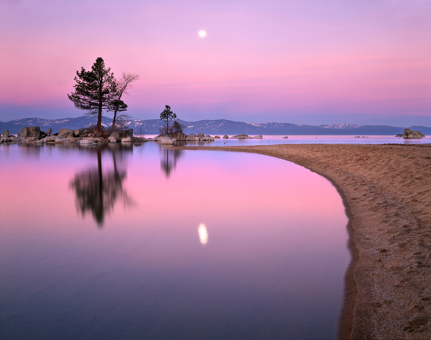 Pink Sunrise, Moonset, Zephyr Cove, Lake Tahoe