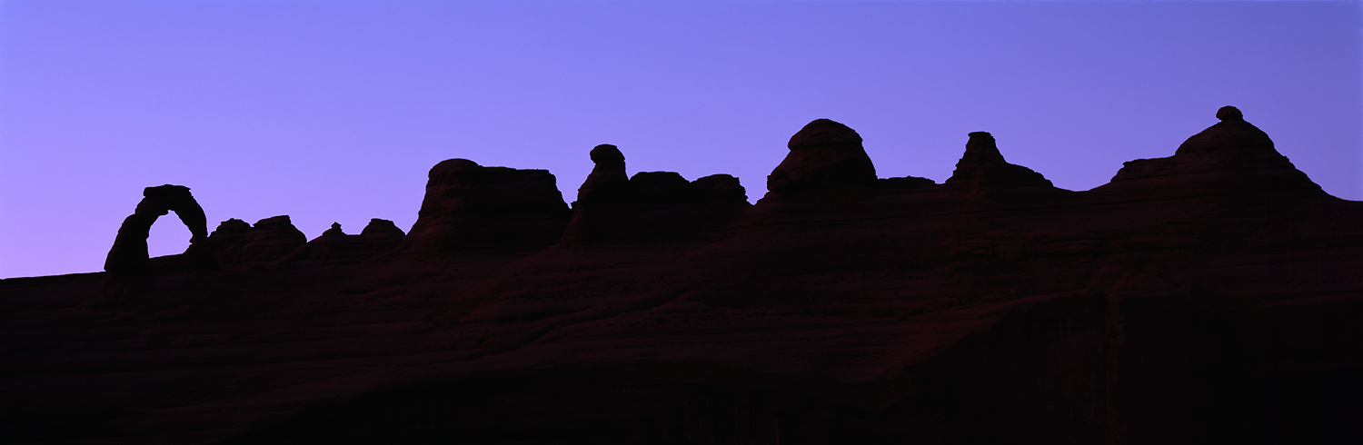 Delicate Arch Ridgeline Silhouette Panorama, Arches National Park, Utah