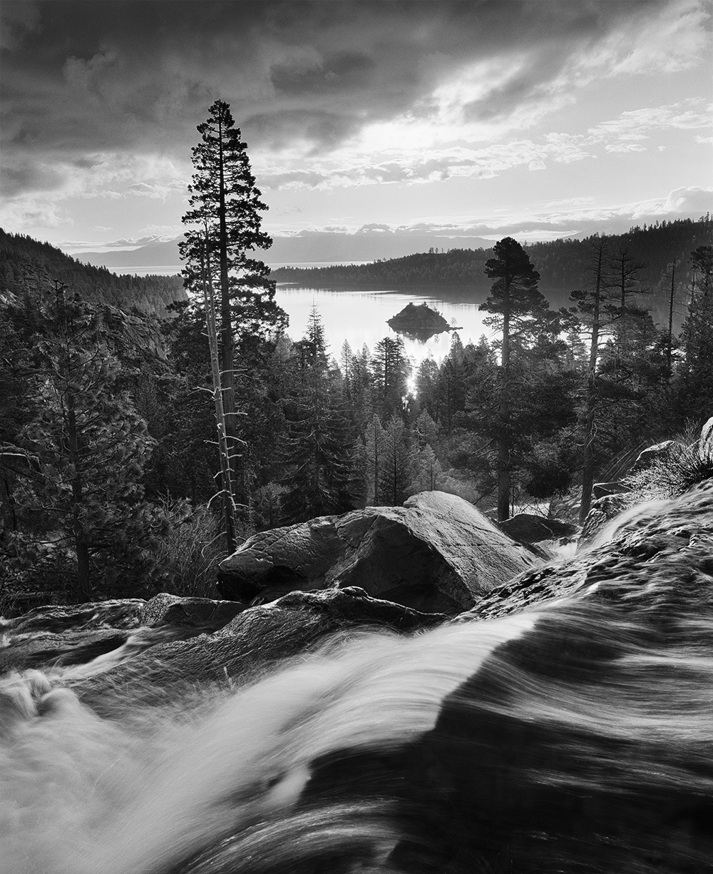 Eagle Falls and Clouds vert BW.jpg