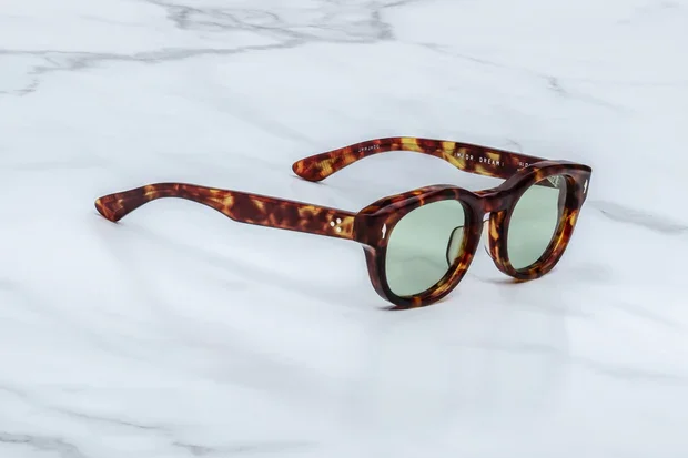 Jacques Marie Mage Dr Dream John and Yoko Sunglasses in Baltic with layered havana acetate and light green lenses.