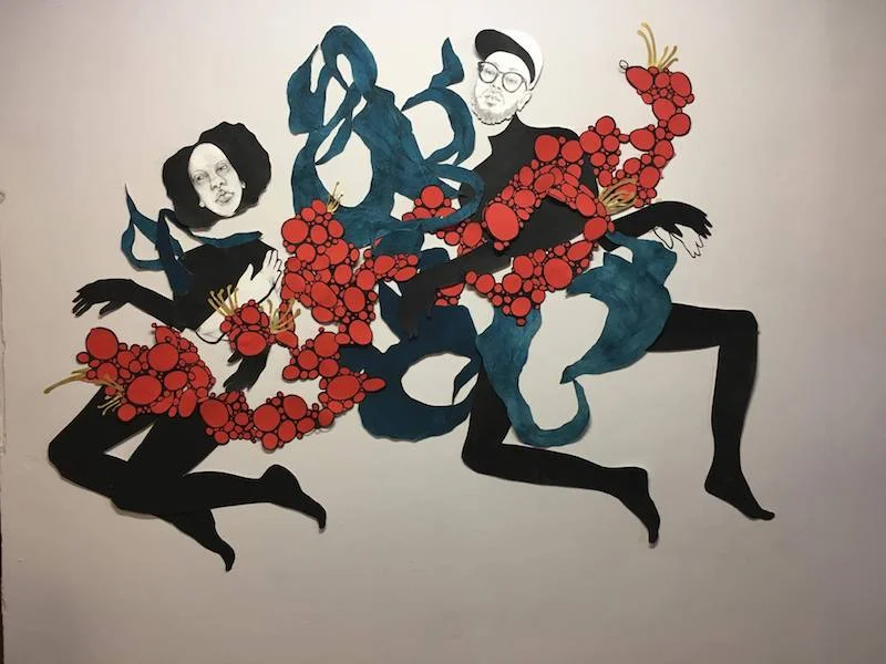 Jared and I, pencil, collaged cut paper, intaglio, Screen print ink, 6.5 x 7 feet, 2017 