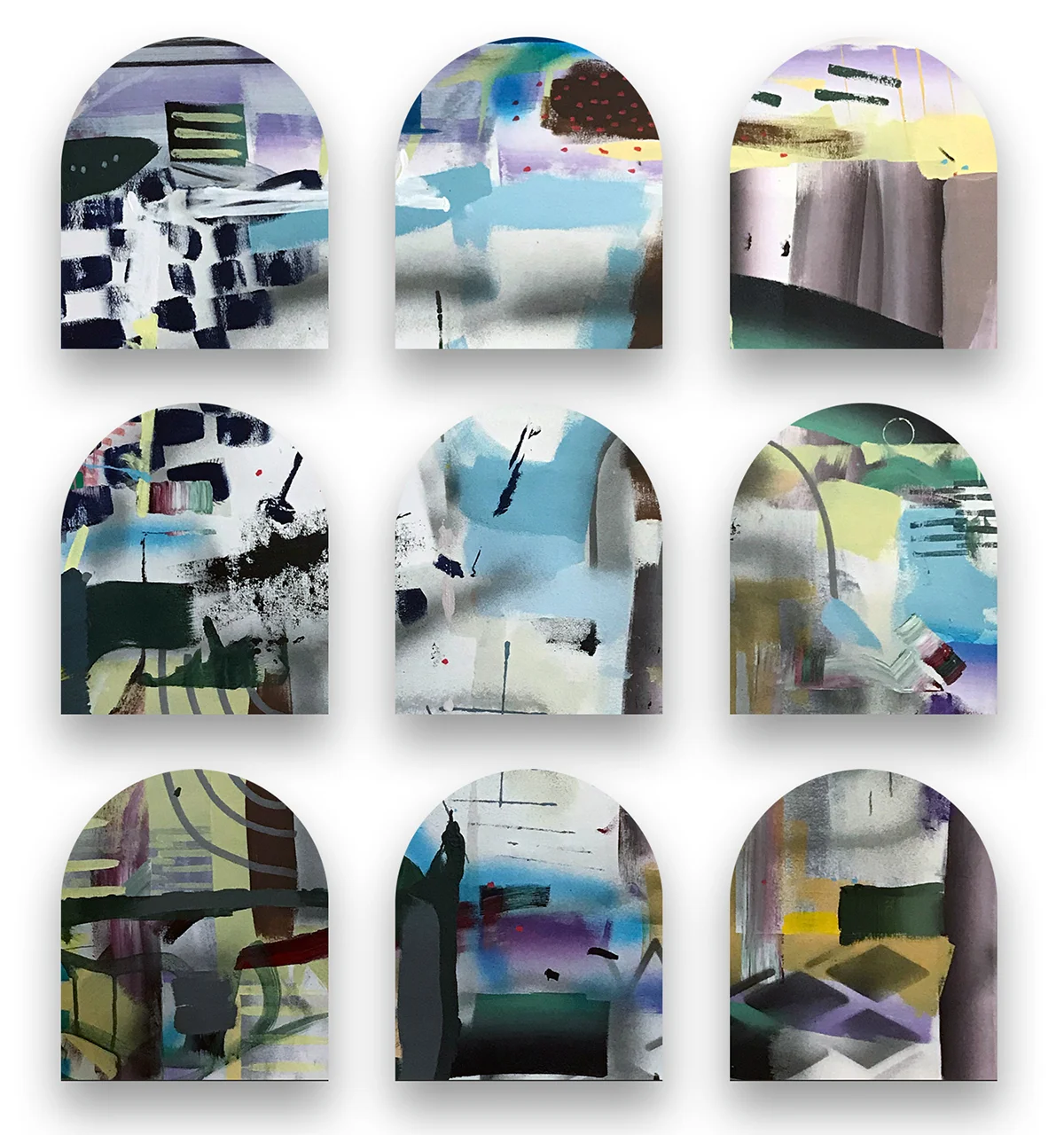 Inner Life , installation; acrylic, ink, graphite, canvas on panels, 32 x 32 inches, 2018