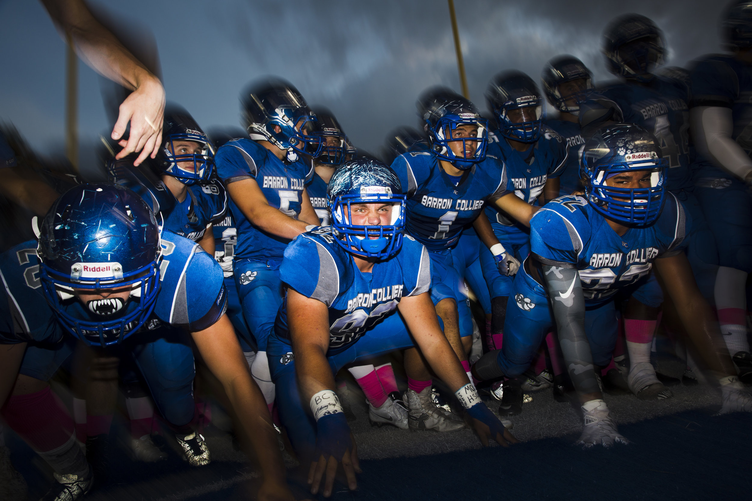  The Barron Collier Football team gets pumped up right before taking the field against Gulf Coast High School Friday, October 7, 2016 on their home field in Naples, Fla.&nbsp; 