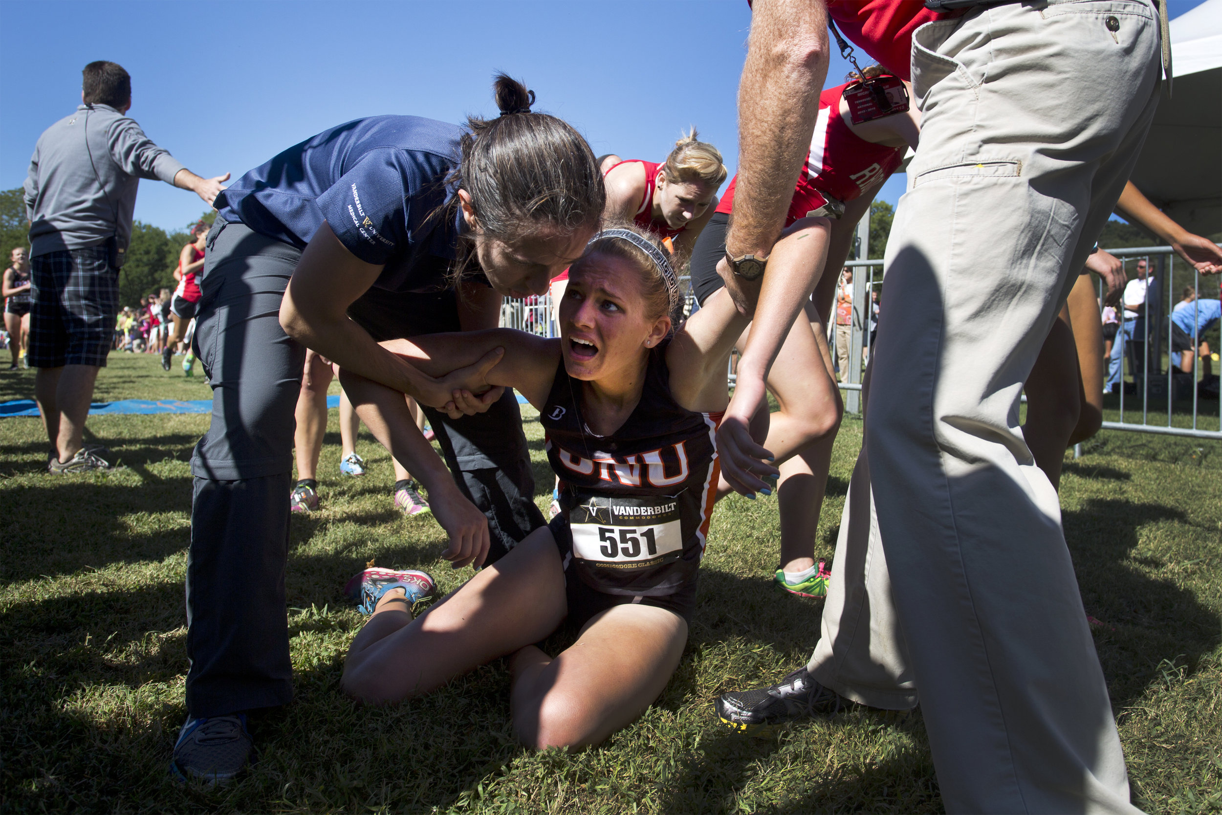  Ohio Northern University junior cross-country runner Samantha Hoffman gasps for air after collapsing when she crossed the finish line at the Commodore Classic at Percy Warner Park September 14, 2013 in Nashville, Tenn. Hoffman finished fifth amongst