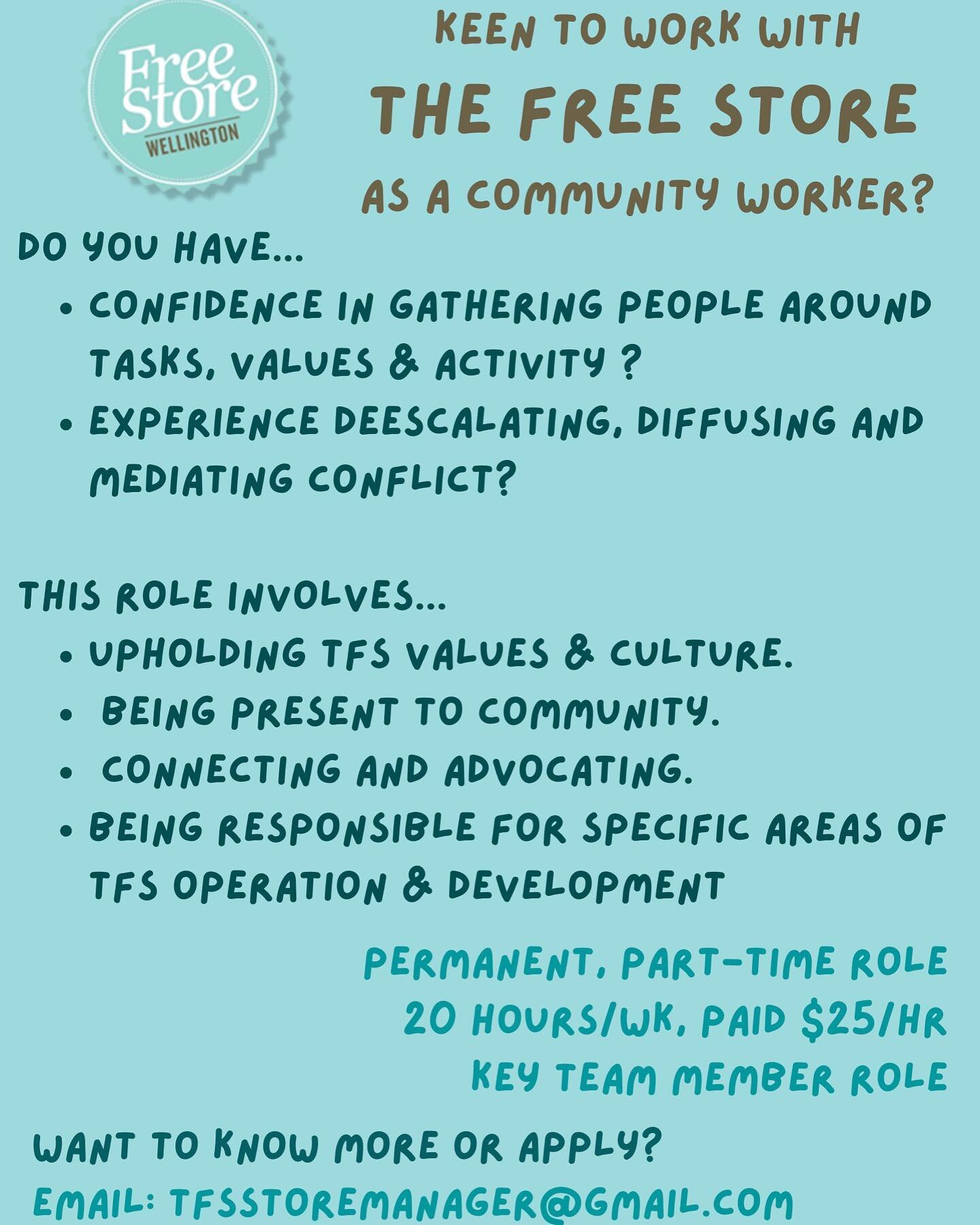 ‼️The Free Store is looking for a Community Worker to join their team! 
We have such an EPIC volunteer team, and a small paid leadership team which includes this role 🙂 

Here's a link to do-good jobs ad if you're keen to check it out: https://jobs.