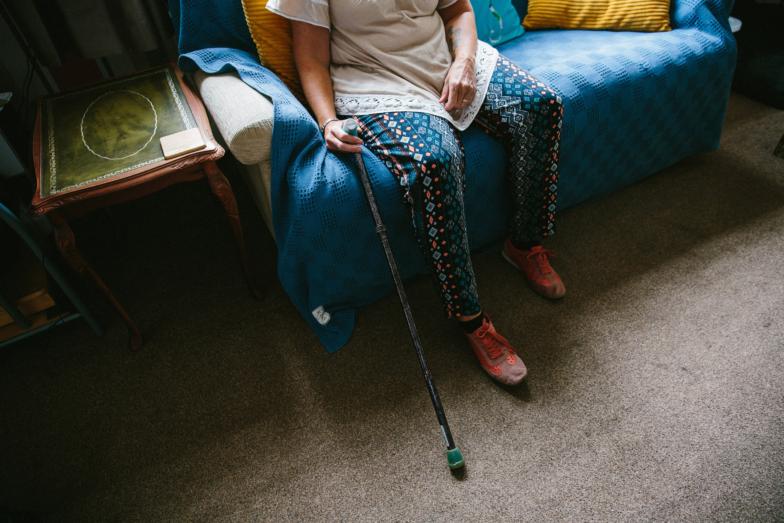  After nearly 13 years Jackie is unable to walk long distances, or to sit for any length of time. She relies on a stick daily, and has to use a mobility scooter for long journeys       