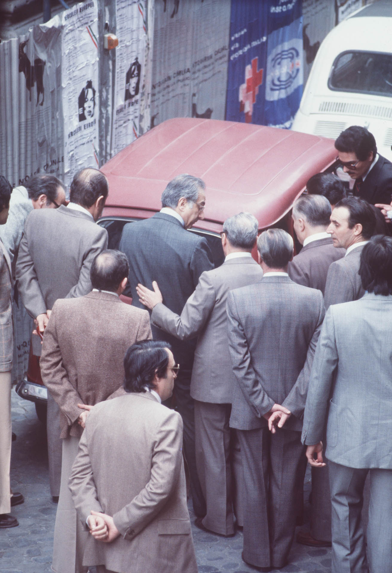  Rome, Italy 9 May 1978 Minister of the Interiors Francesco Cossiga in front of the Red Renault where Aldo Moro's corpse lies.&nbsp; 