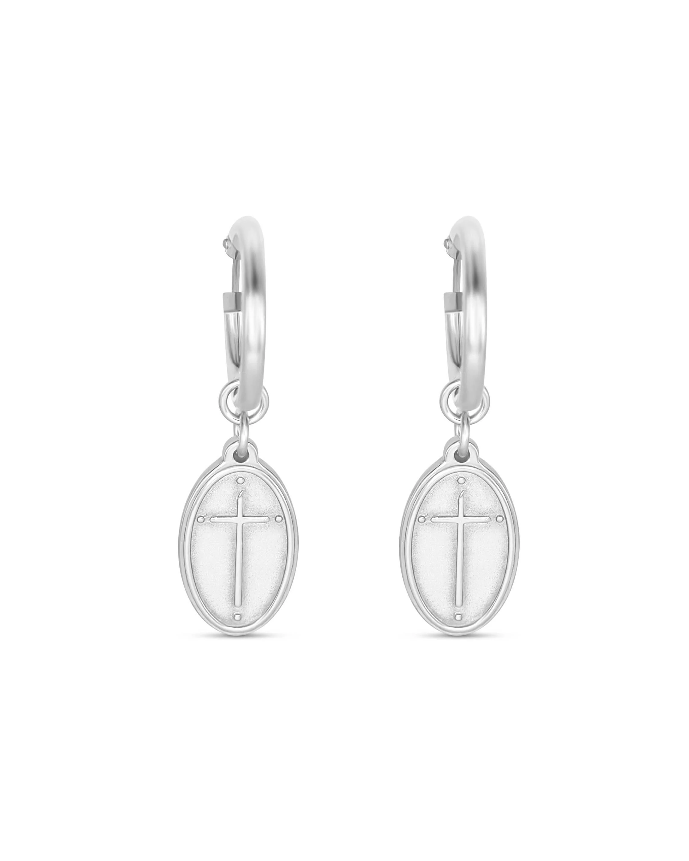Hoop Silver Earrings Oval Cross / Romans 5:8