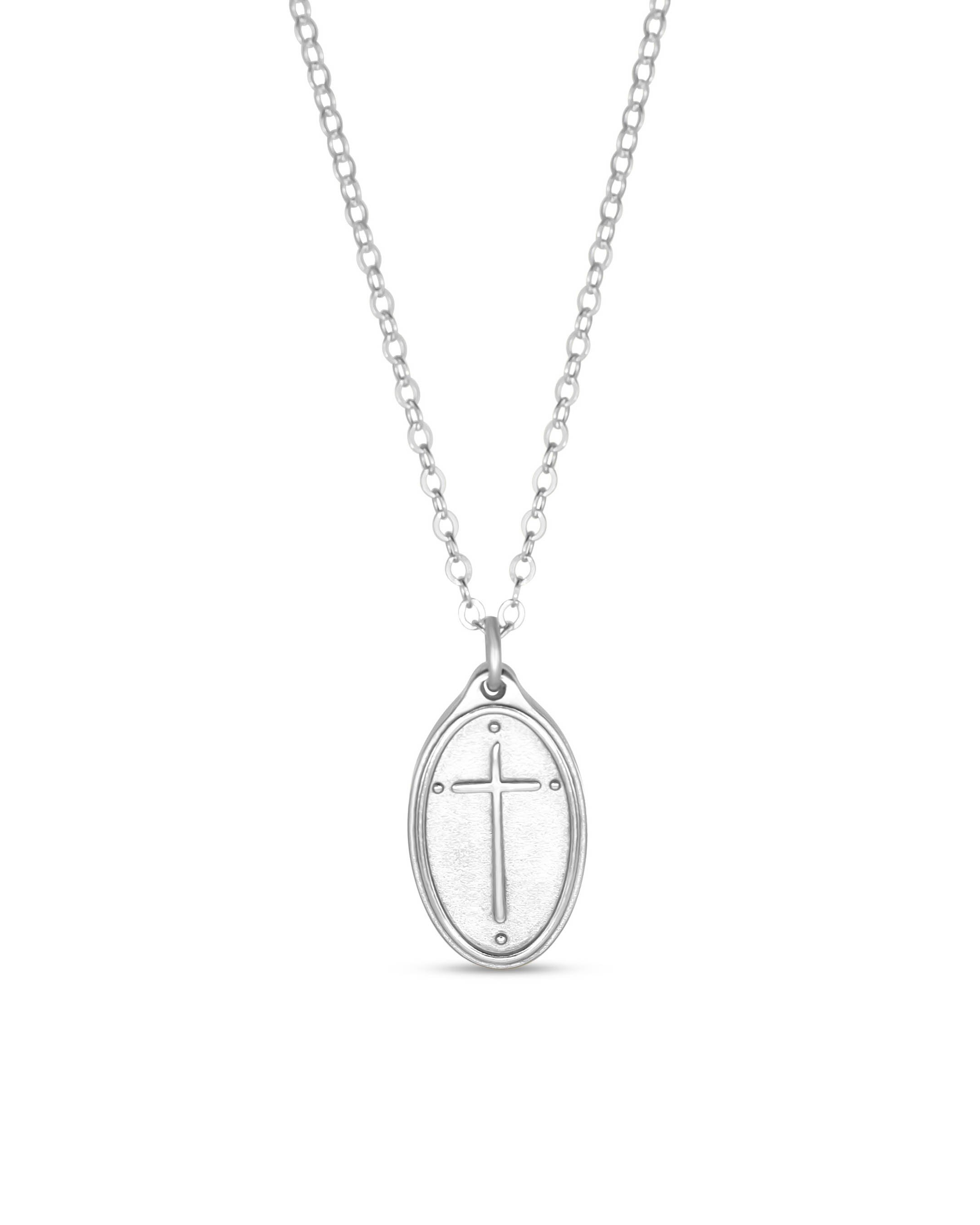 Petite Silver Necklace Oval Cross / Romans 5:8