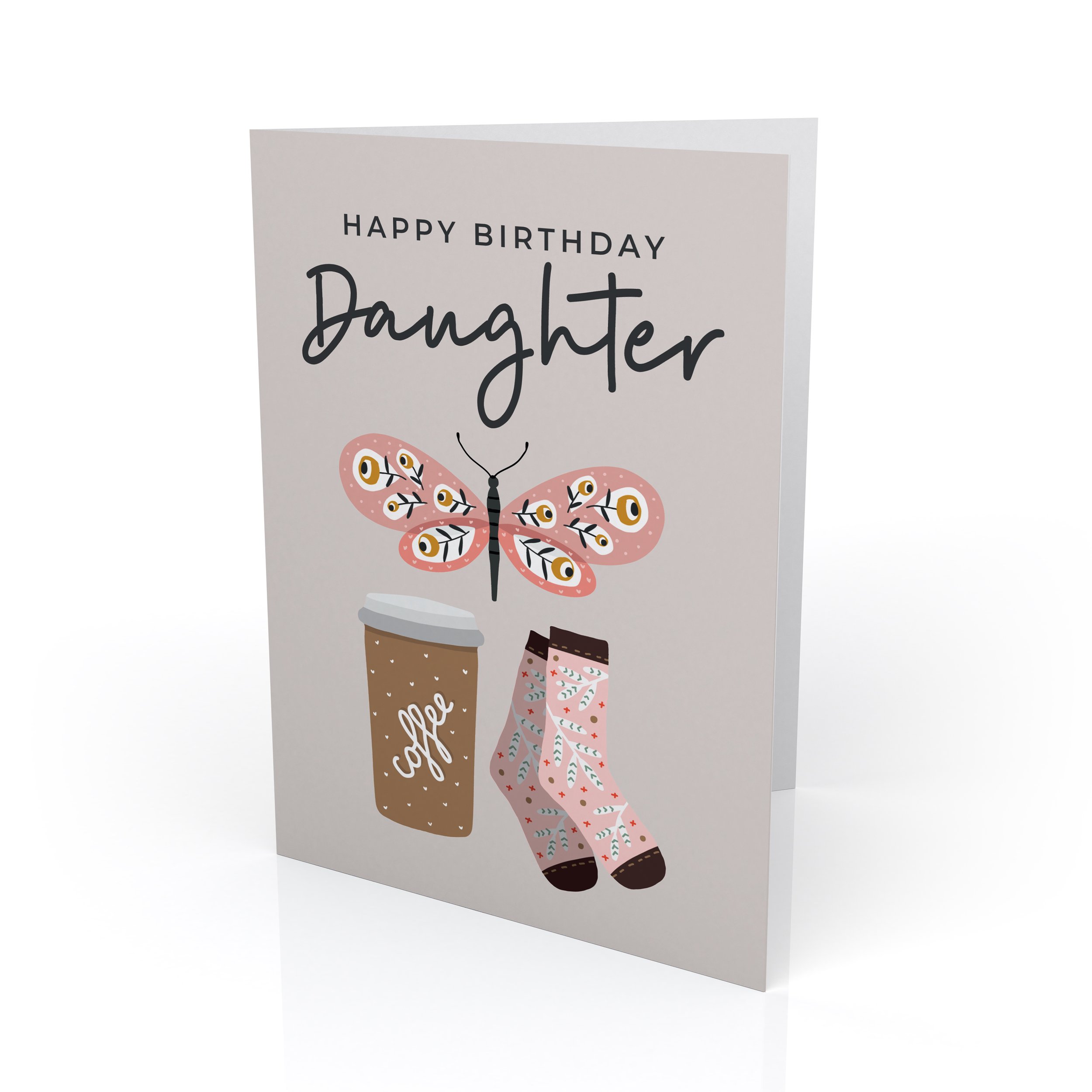 Greetings card with the words "Happy Birthday Daughter" and a modern illustration of coffee, socks and a butterfly