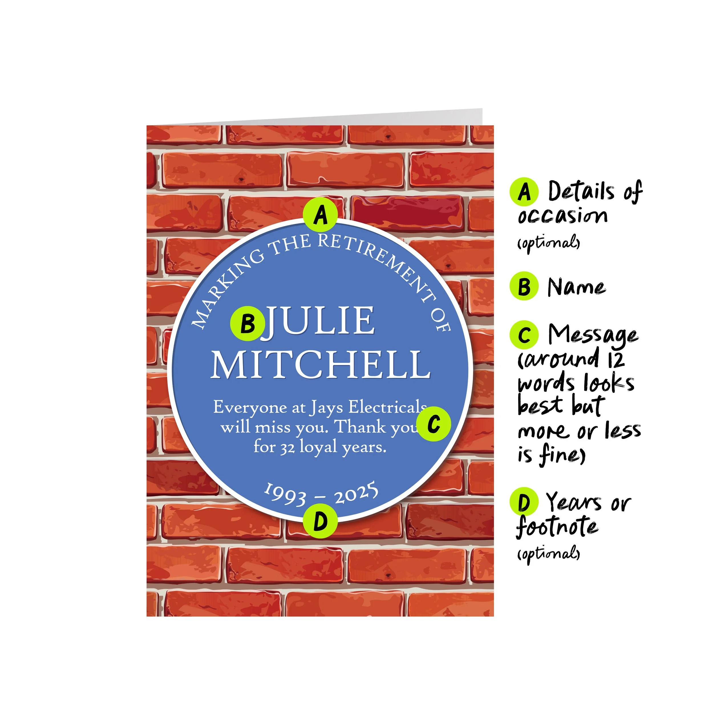 the details we need to personalise your blue plaque retirement card
