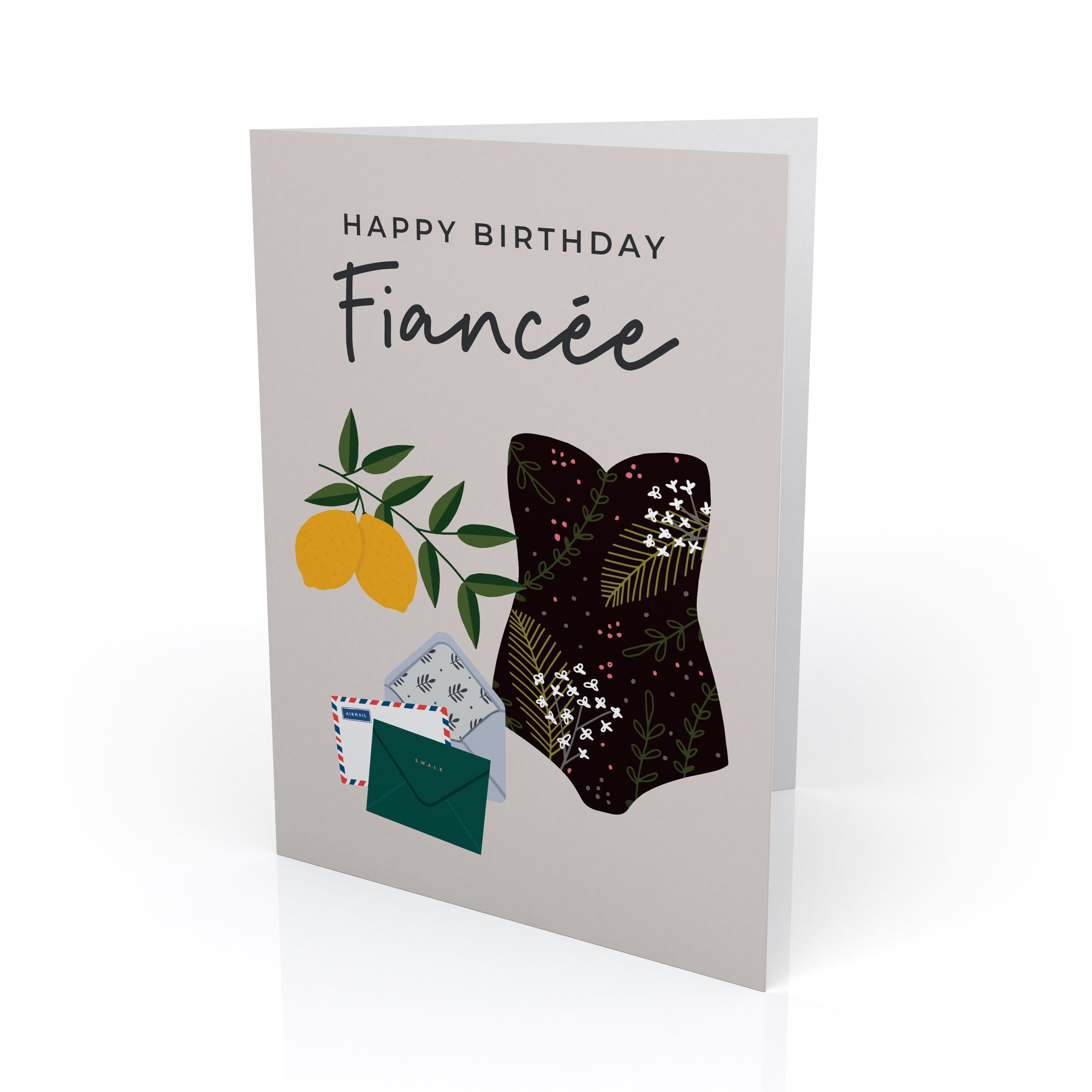 Greetings card with the words "Happy Birthday Fiancée" and a modern illustration of a modern swimsuit and love-letters