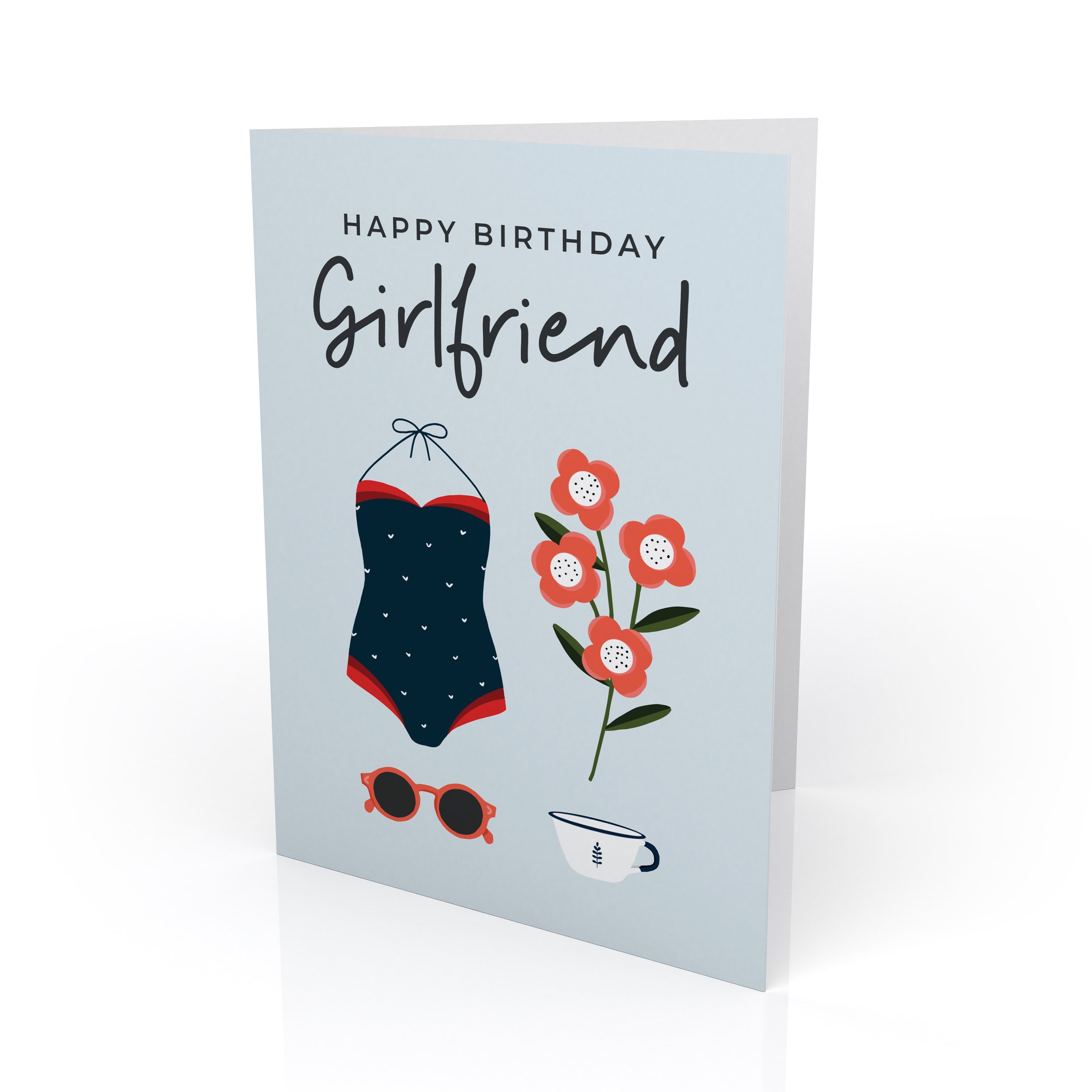 Greetings card with the words "Happy Birthday Girlfriend" and a modern illustration of flowers and fashion accessories