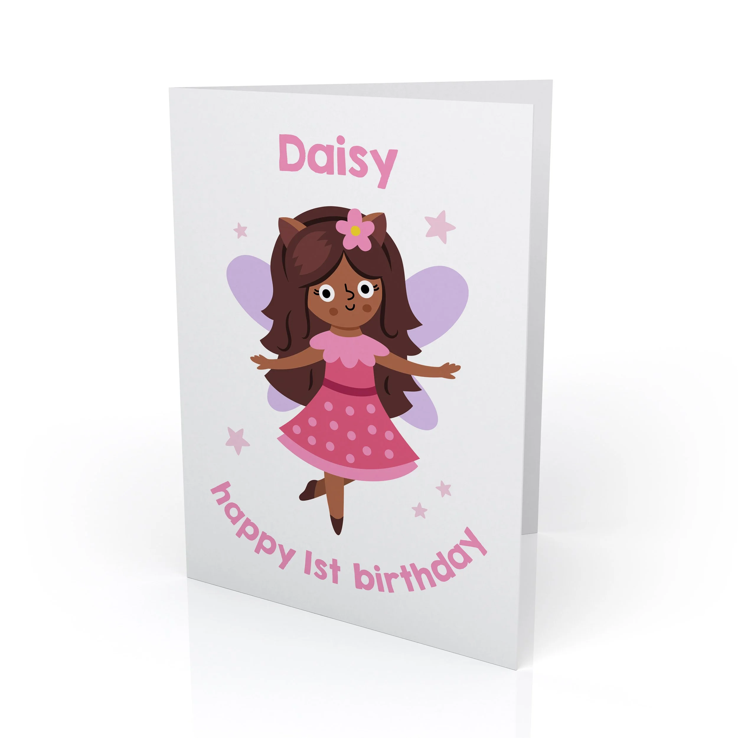 A cute birthday card personalised with a girls name and age for her birthday - features an illustration of a pink flower fairy princess