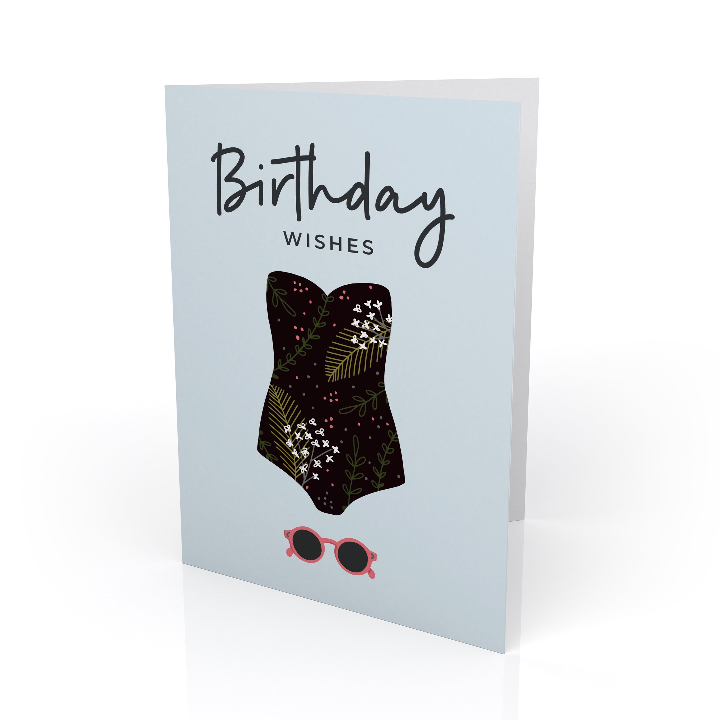 A feminine greetings card with the words "Birthday Wishes" and an illustration of a fifties style swimsuits and sunglasses