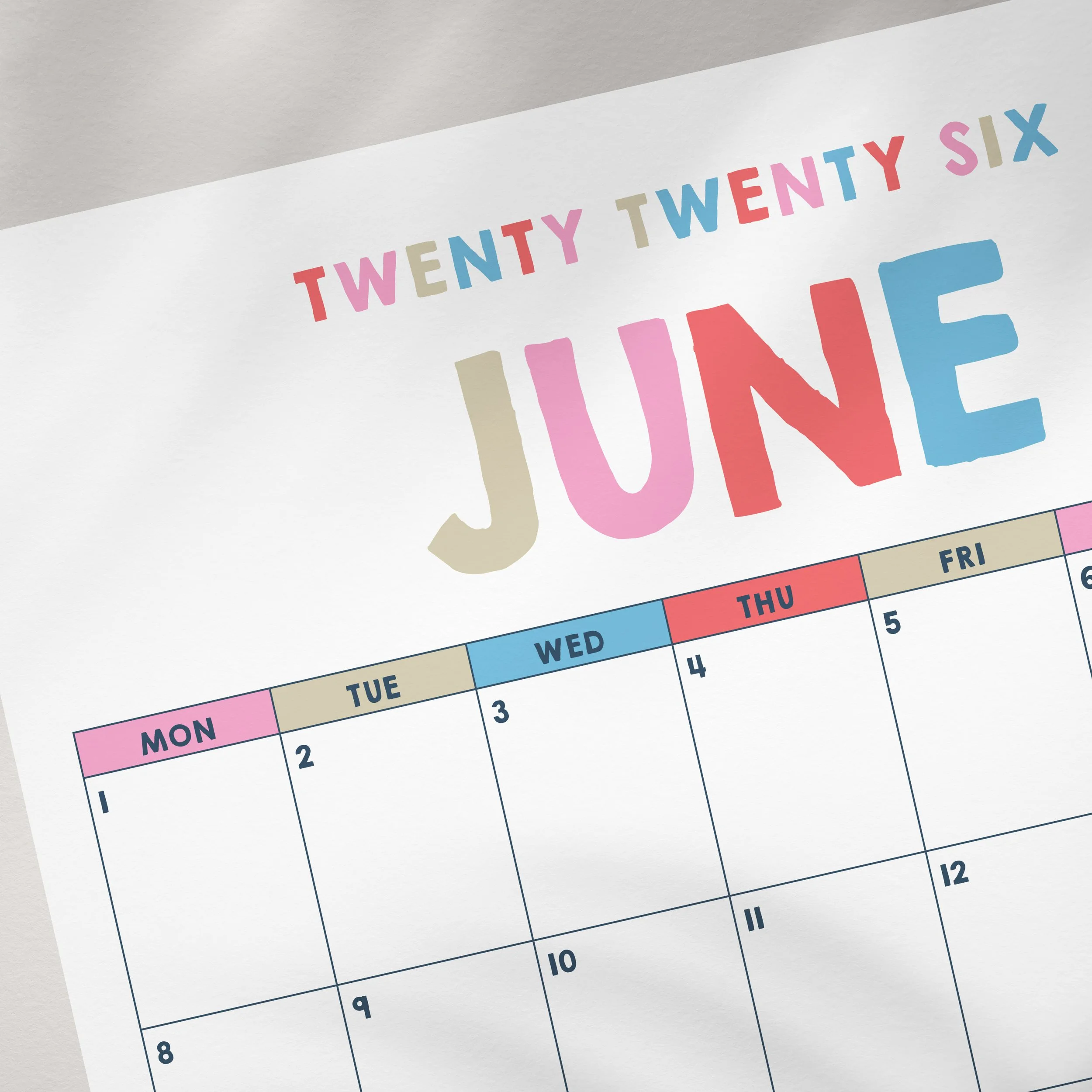 close-up of 2026 calendar planner