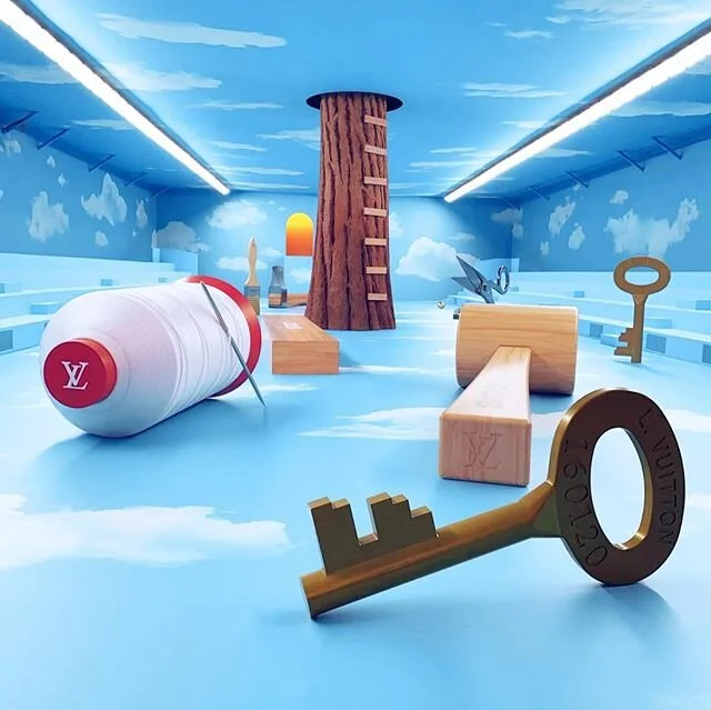 #Swoon to #louisvuitton men&rsquo;s Fall/Winter 2020 show with floor to ceiling surrealist #decor outfitted with #clouds and craftsmen&rsquo;s tools such as oversized keys, scissors and a spool of thread. #surrealism #experientialdesign #experiential