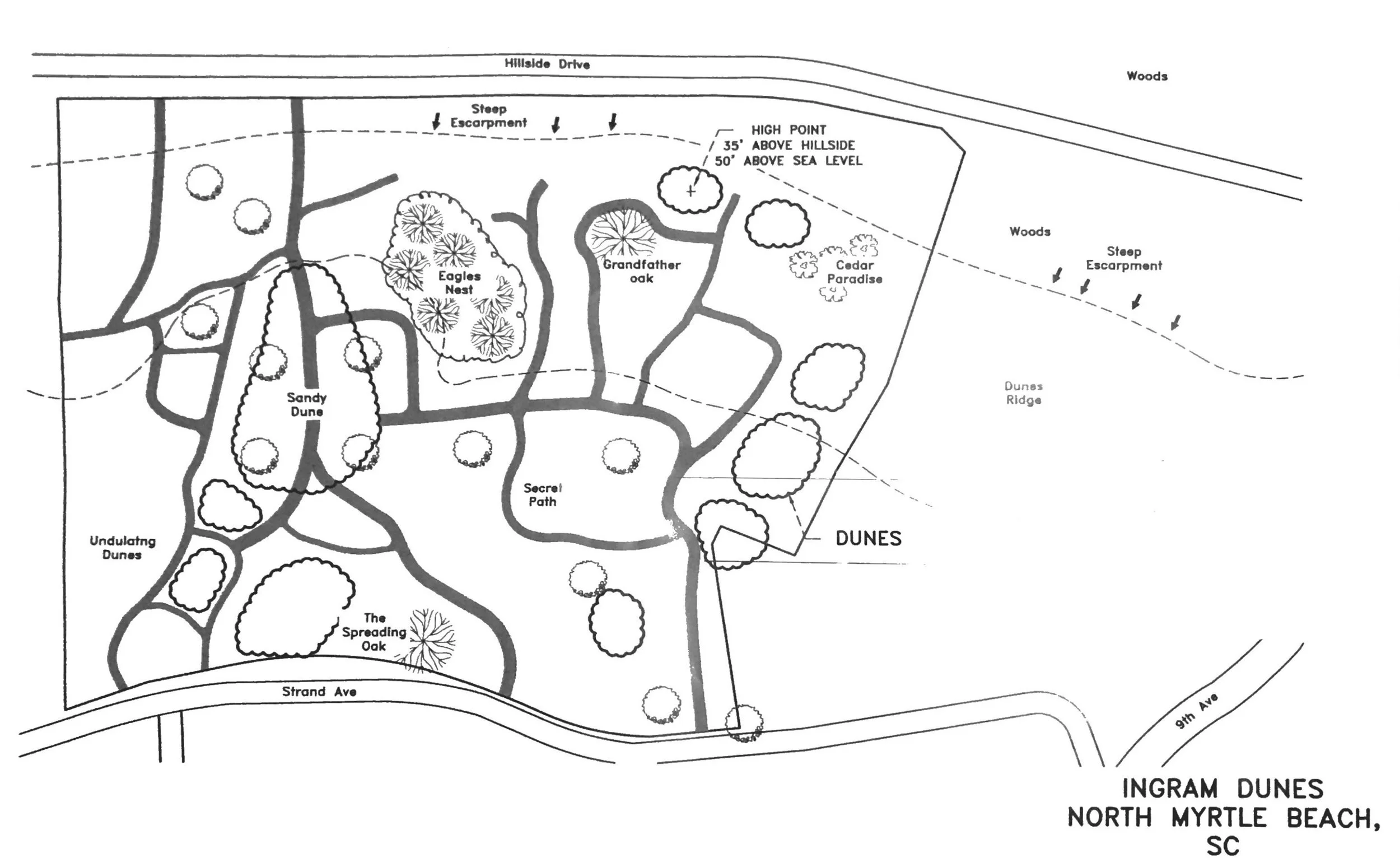 A map of Ingram Dunes showing the major pathways and features on the site.