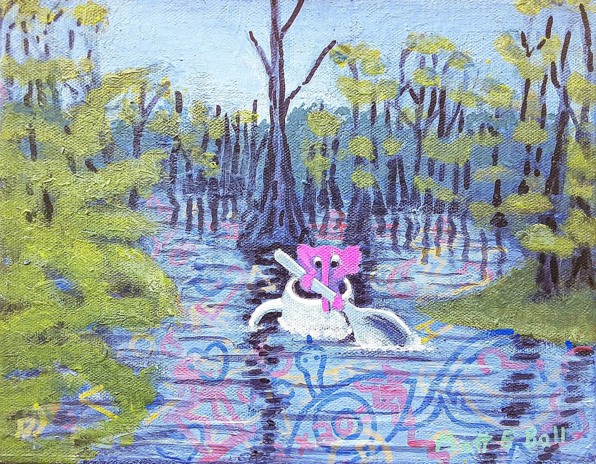 Pinkus and the Stream of Consciousness, acrylic on gallery edge canvas, 10in by 8in, 2025