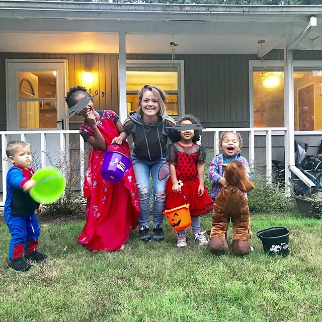 Spider-Man, Elena, Unshowered Mom With All The Kids, Lady Bug, and Horse Man. We dont match much or have extraordinary costumes...but it doesn&rsquo;t matter; grateful we are together. Hair cuts and new-to-us shoes and pizza and apple cobbler-crisp w